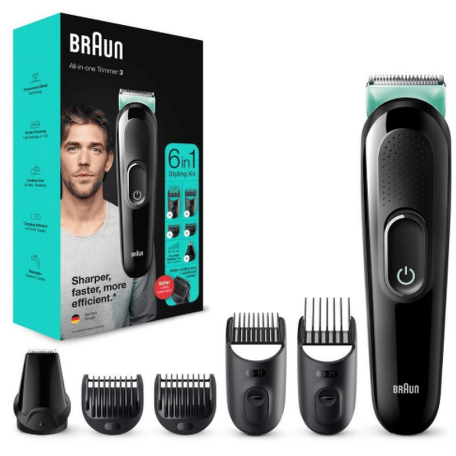 Kit de recortadora Braun con caja, recortadora y accesorios. Cara de hombre en la caja.