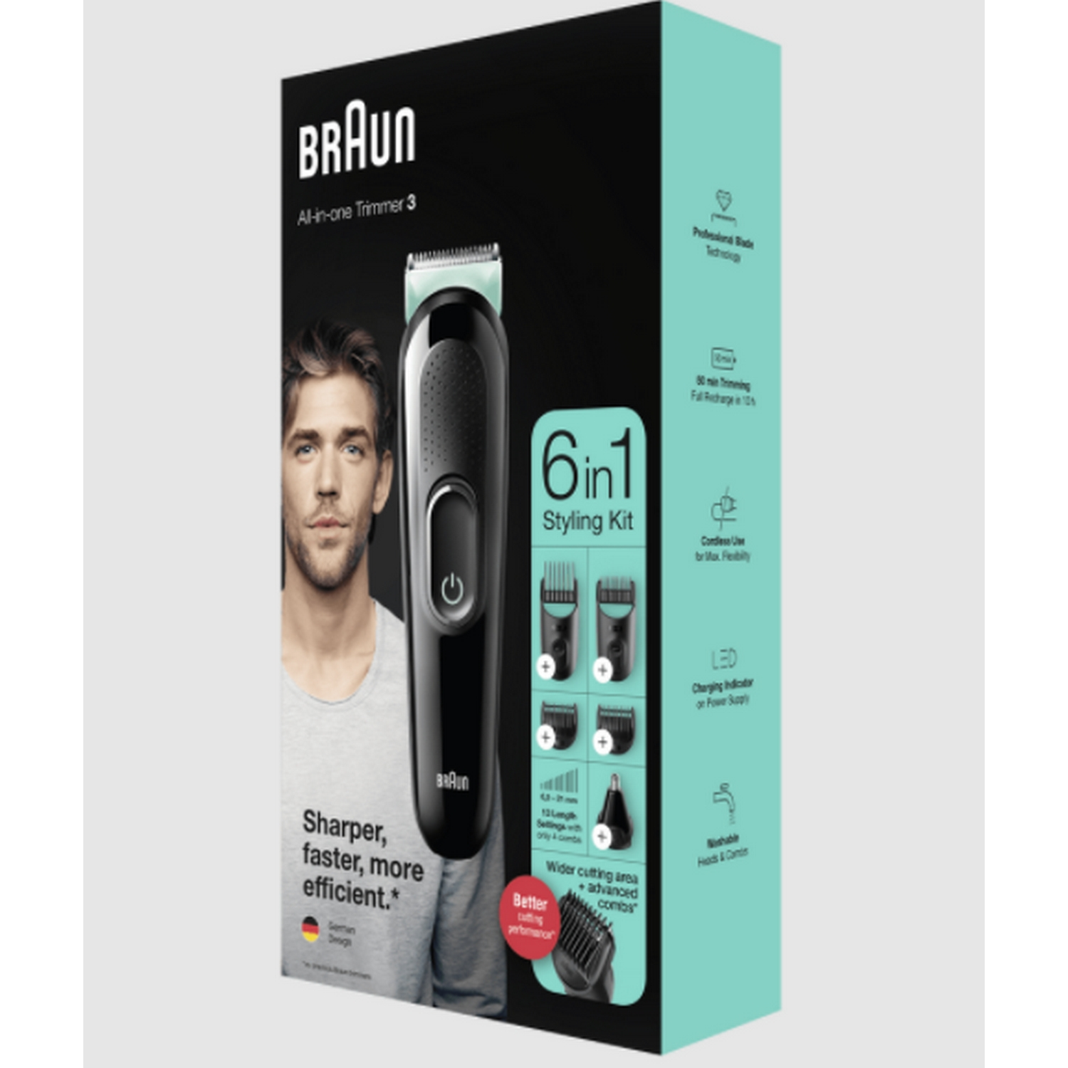 Caja del kit de peinado Braun 6 en 1 con la cara de un hombre en el lateral.