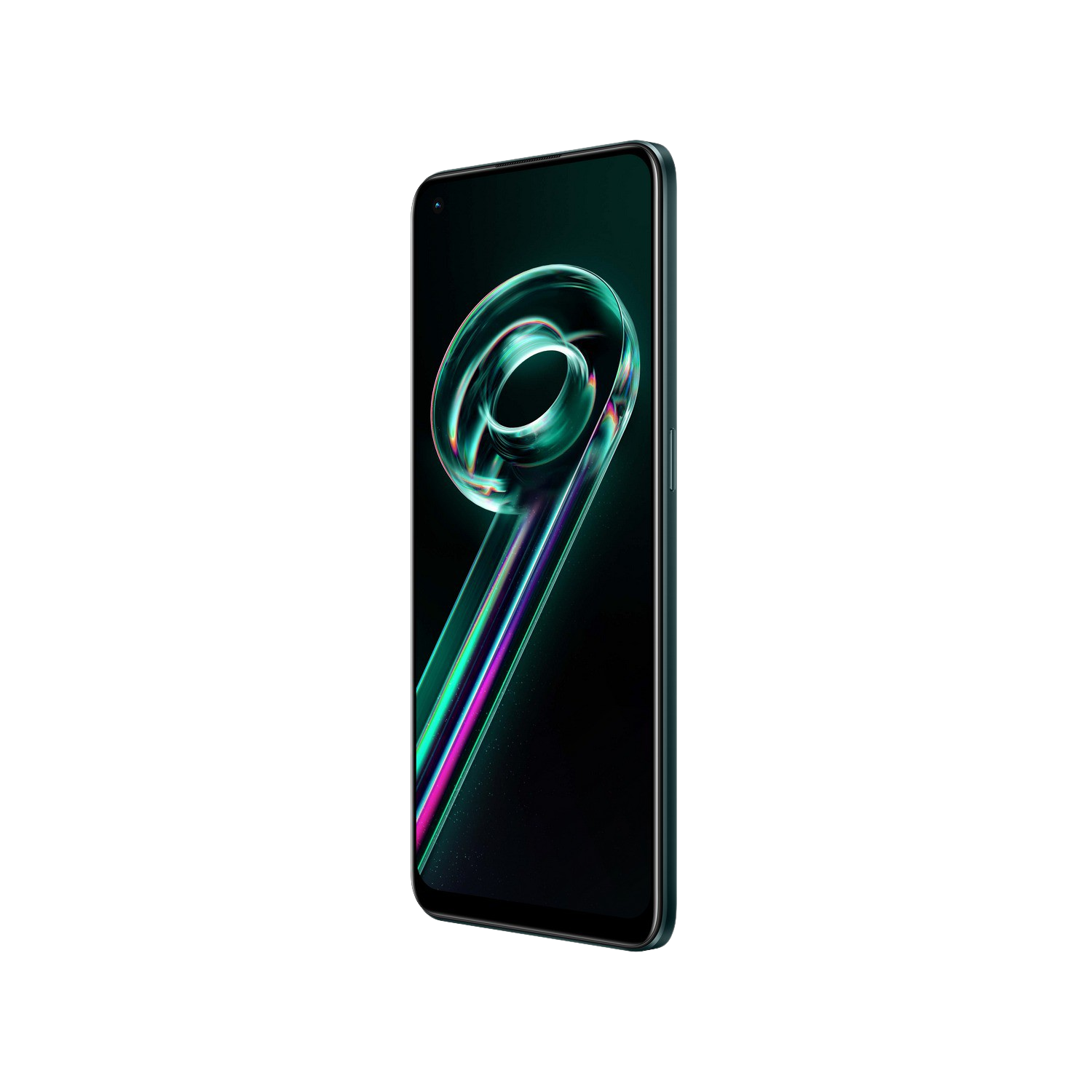 Un teléfono inteligente negro con una pantalla curva, que muestra un diseño verde neón y rosa.