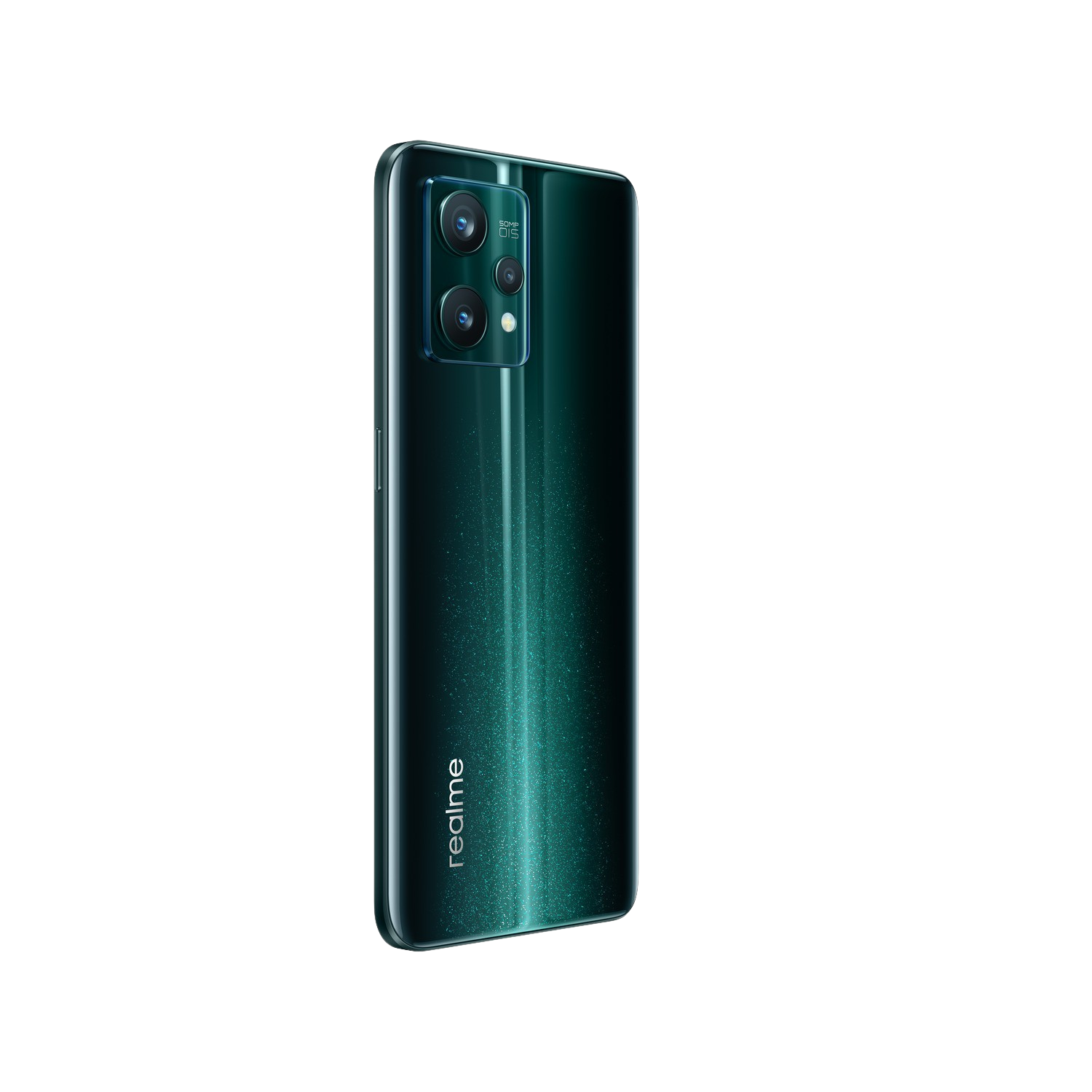 Un teléfono verde con tres cámaras traseras, color degradado, fondo negro.