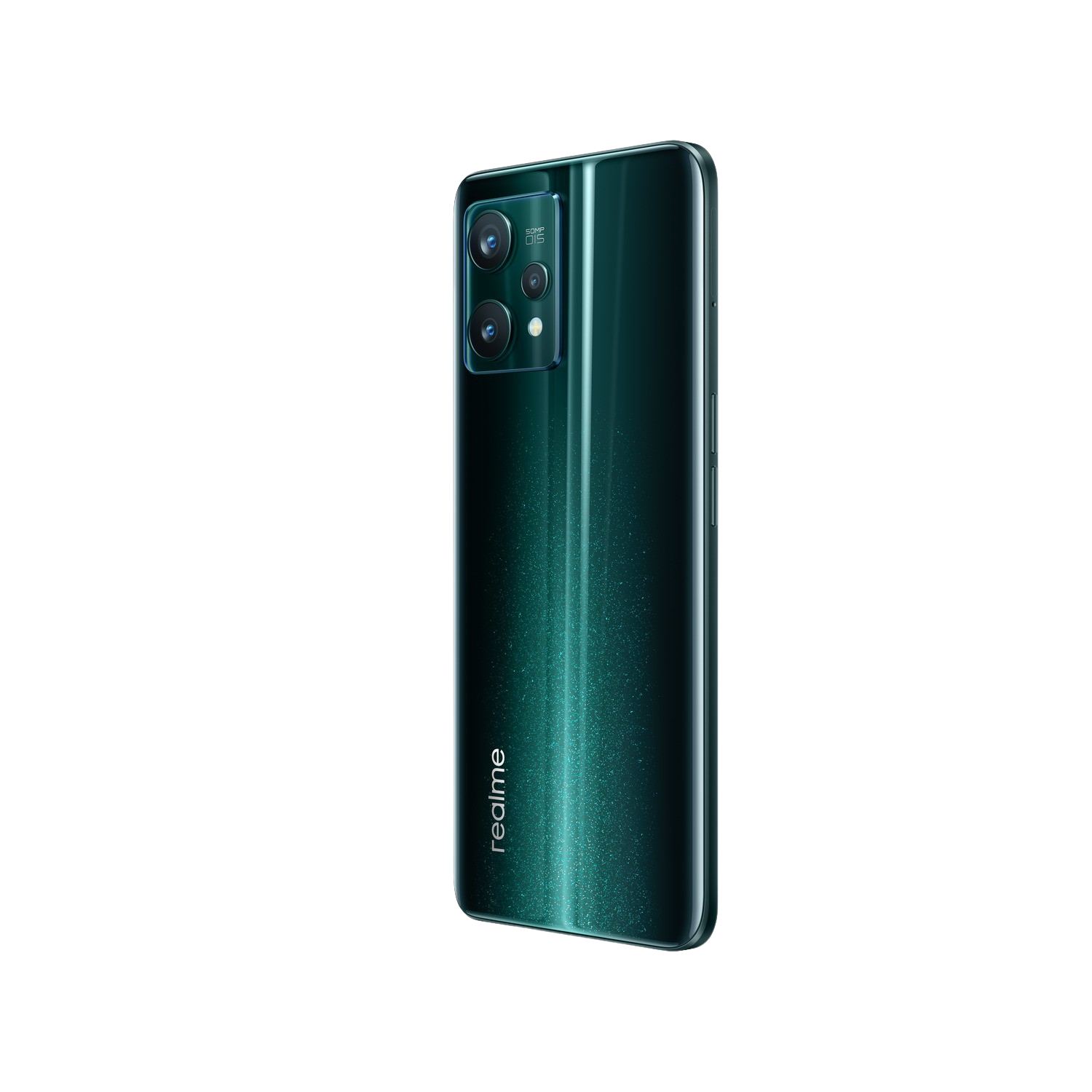 Smartphone verde con tres cámaras sobre fondo negro.