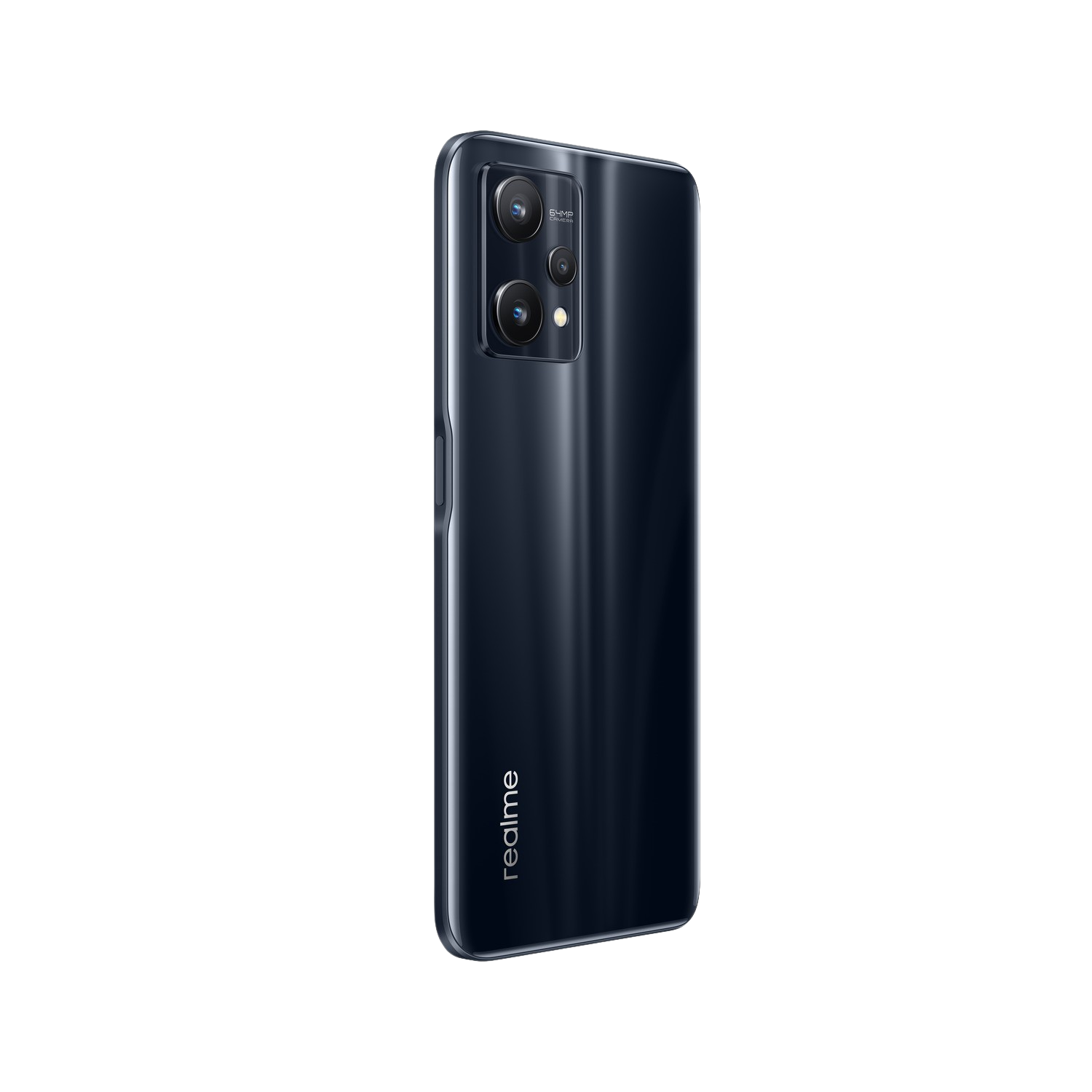 Vista trasera de smartphone negro, con múltiples cámaras y el logo 'realme' sobre fondo negro.