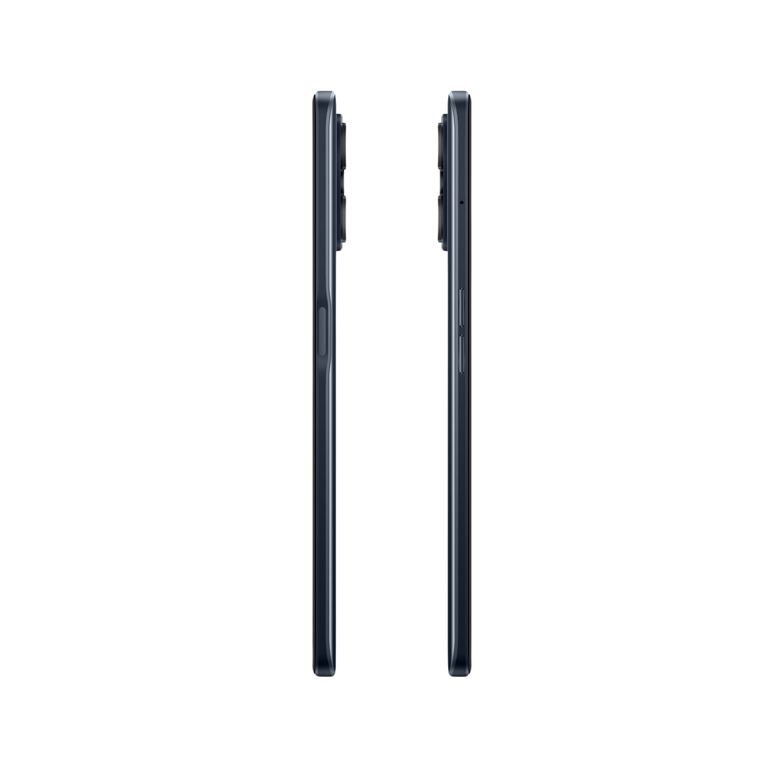 Dos smartphones negros, vista lateral, contra un fondo negro.