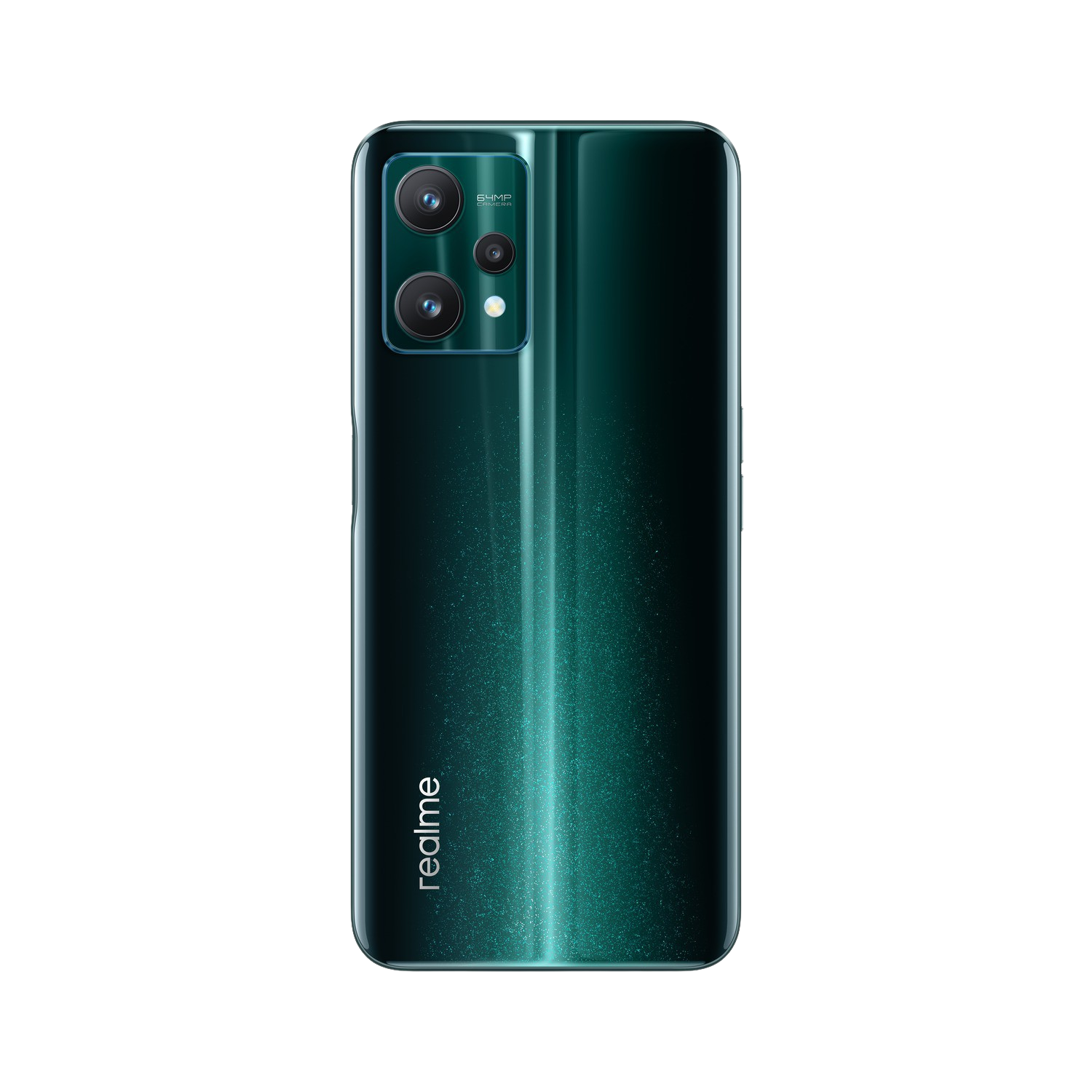 Parte trasera de un teléfono realme verde azulado con tres cámaras.