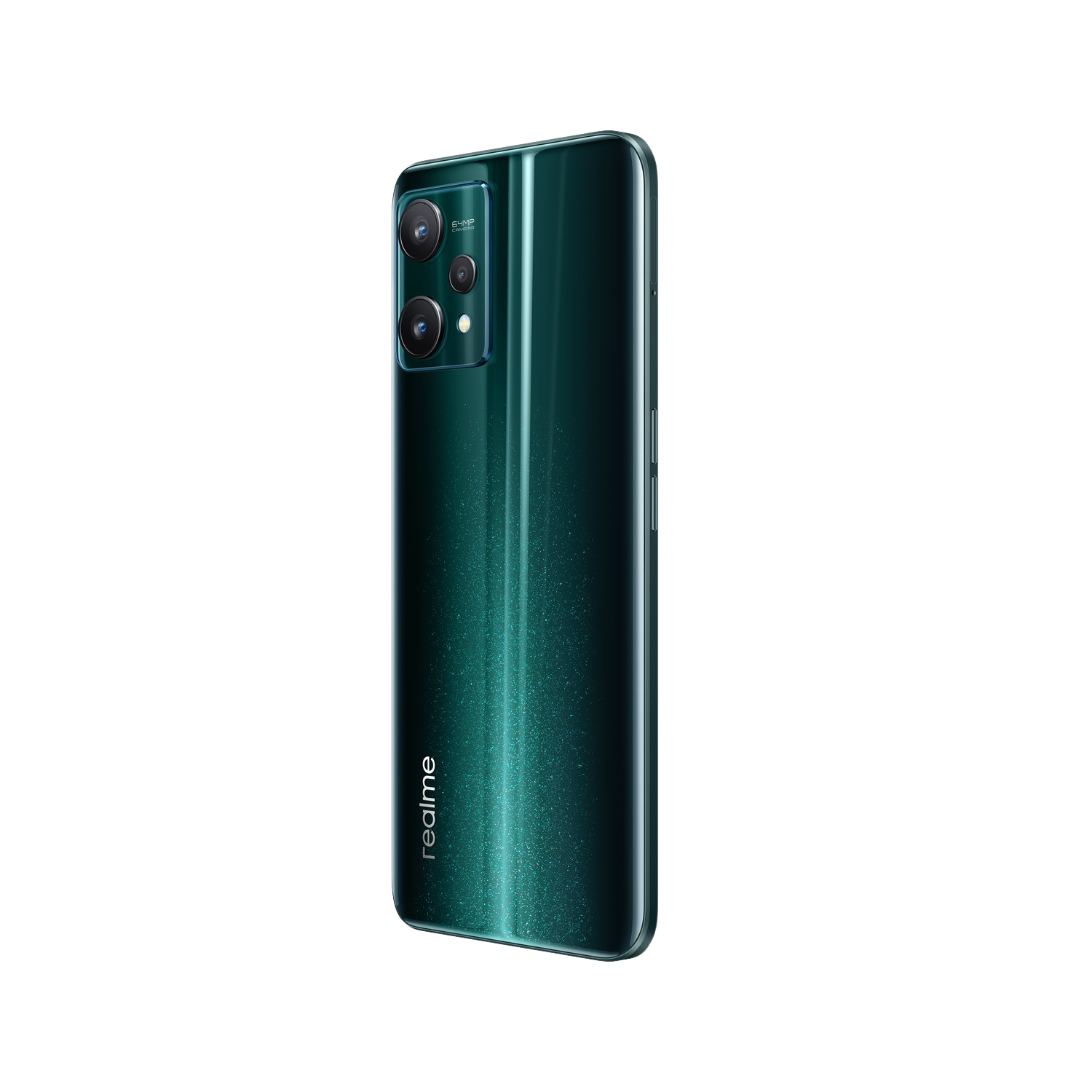 Un teléfono inteligente verde con tres cámaras en la parte trasera.