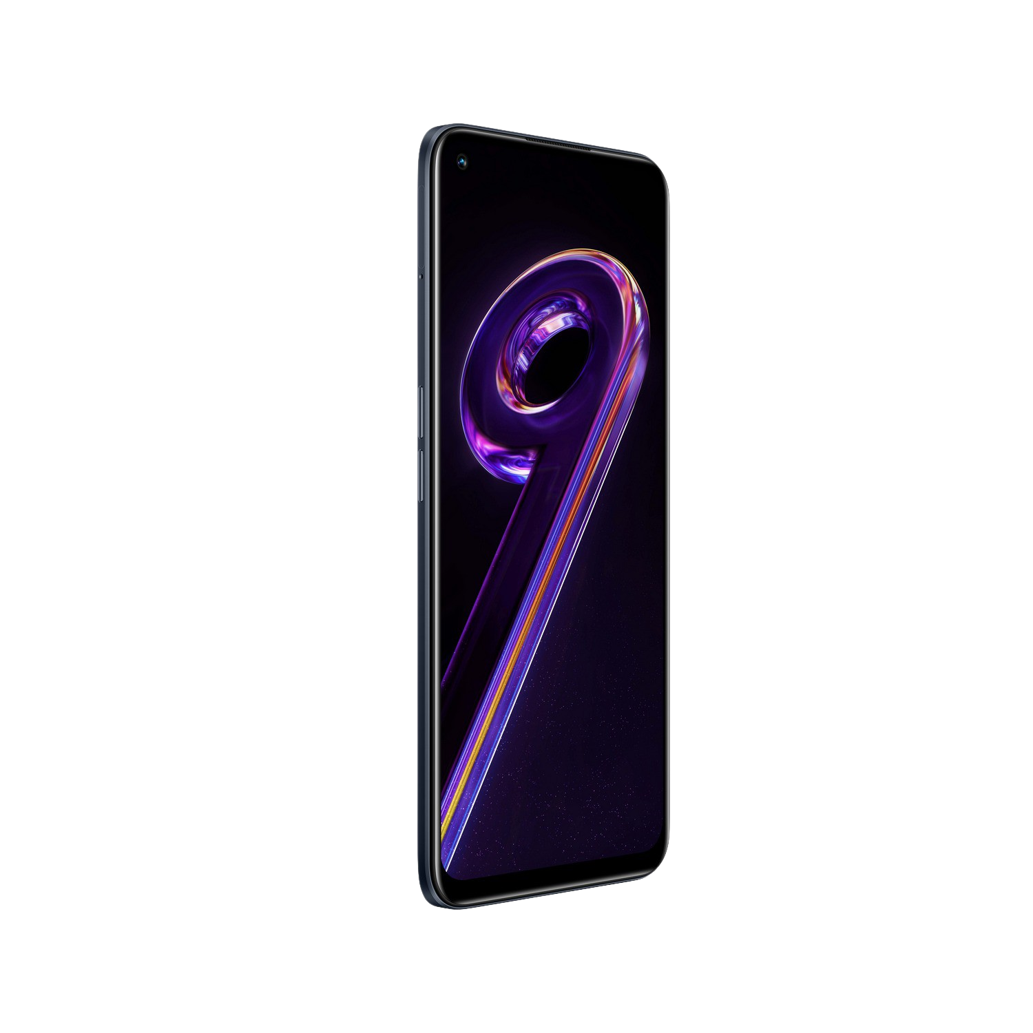 Un smartphone con pantalla curva muestra un '9' digital colorido sobre un fondo oscuro.