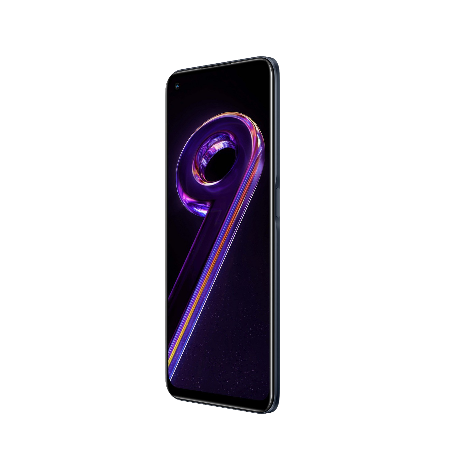 Un teléfono azul que muestra un diseño púrpura, fondo negro.