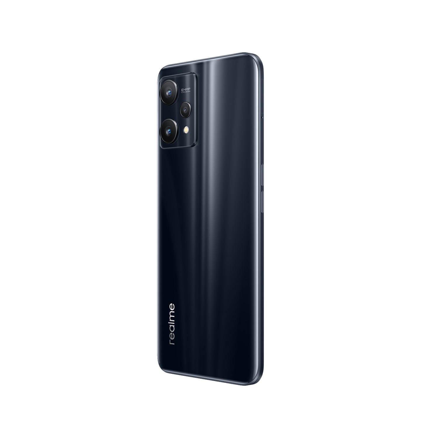 Parte trasera de smartphone negro, con lentes de cámara y logo Realme sobre fondo oscuro.