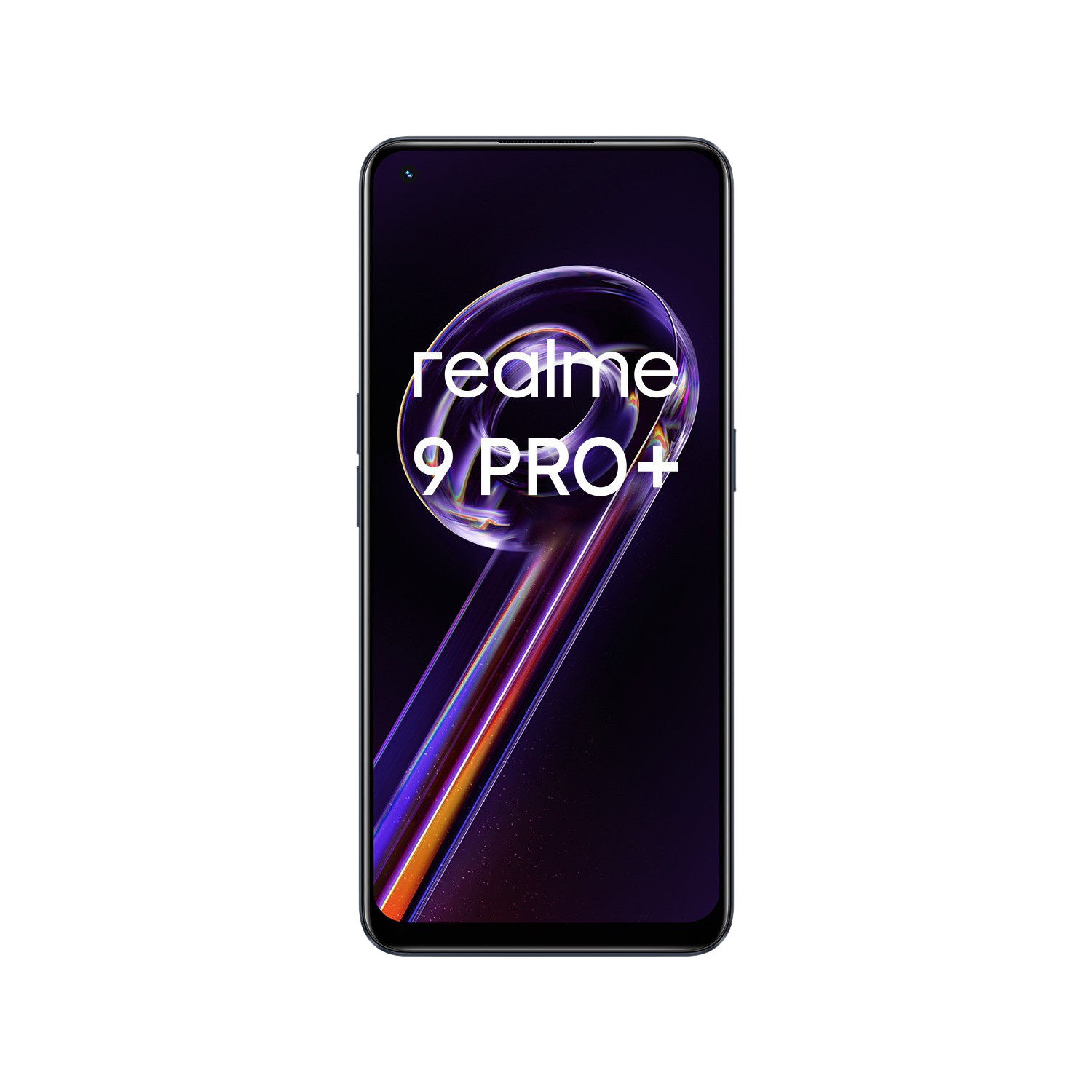 Teléfono Realme 9 Pro+ sobre un fondo negro, mostrando la pantalla con texto. El teléfono está aislado.