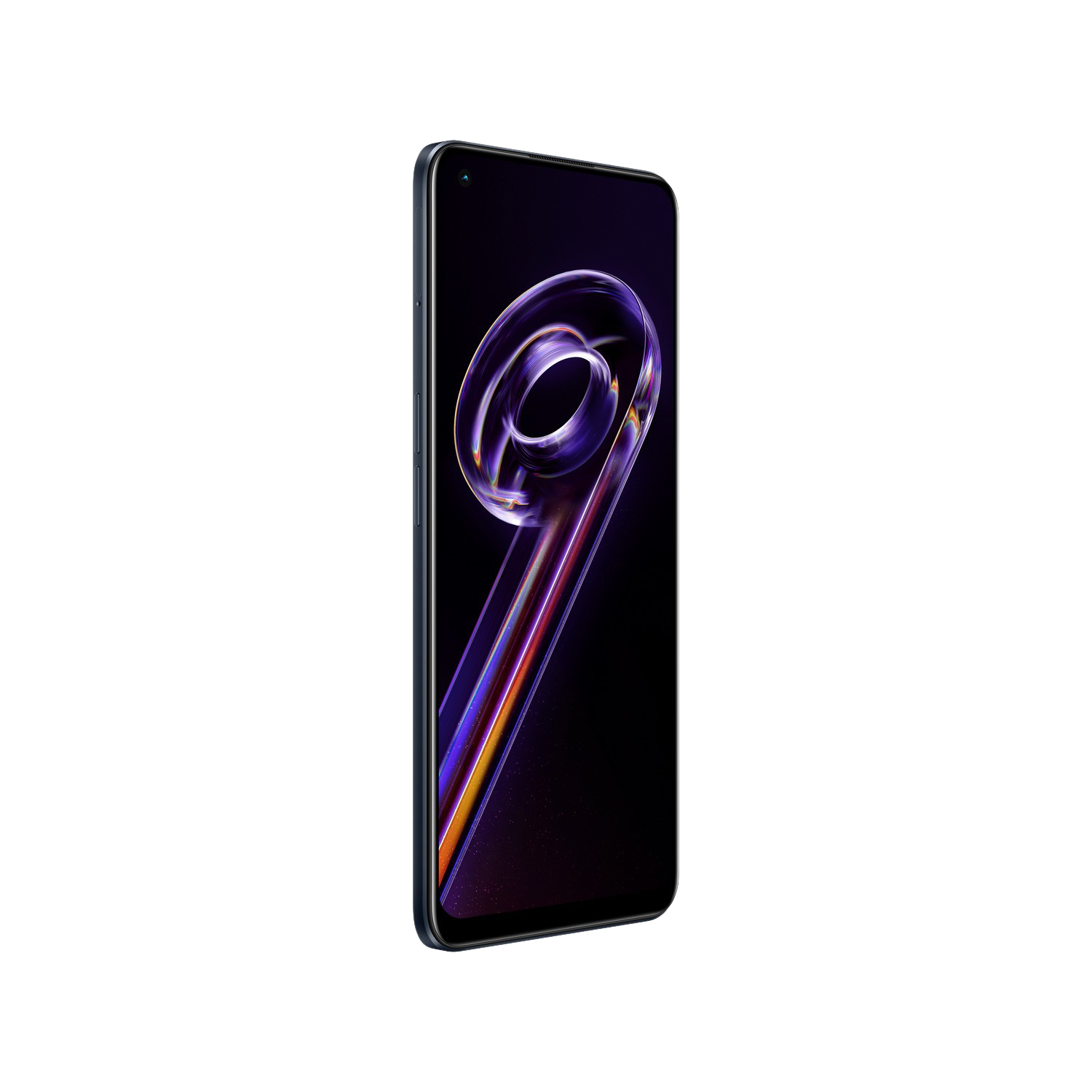 Teléfono sobre fondo negro, con un remolino morado y amarillo en la pantalla.
