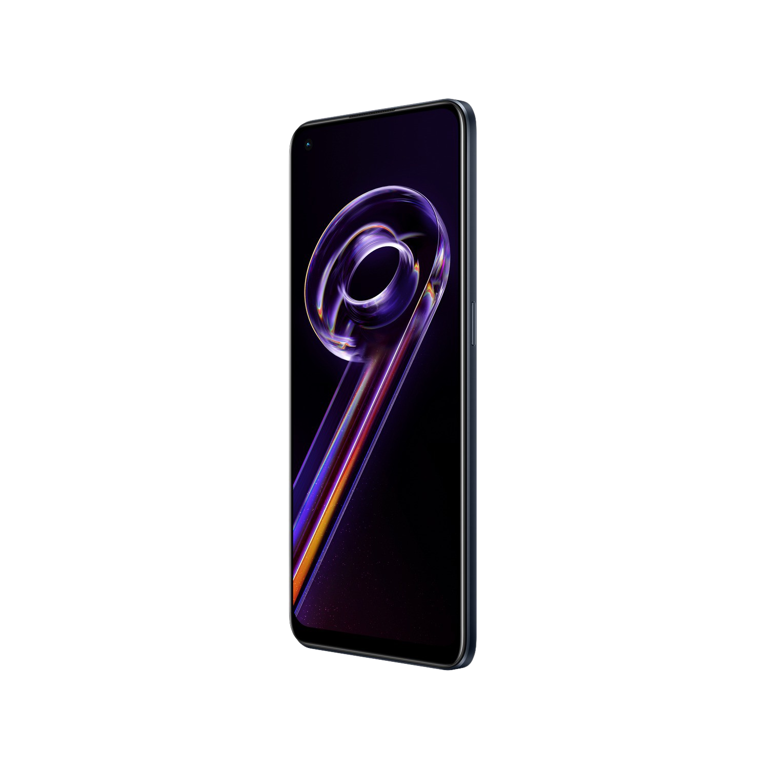 Smartphone negro con pantalla curva, aislado sobre negro. Muestra un gráfico colorido.