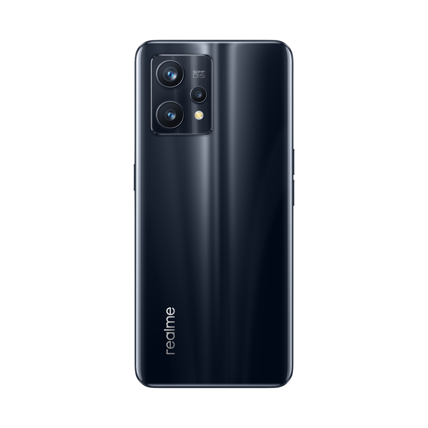 Parte trasera de un smartphone negro. Tiene cámaras y la palabra "realme" en la parte inferior.