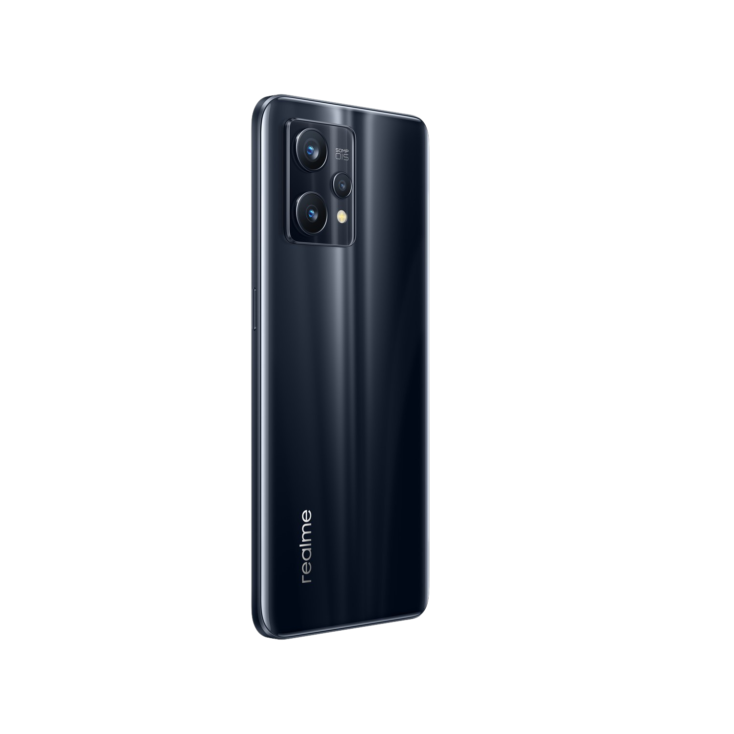 Smartphone negro, vista trasera, sobre fondo negro. Cámara dual, flash y logotipo de realme visibles.