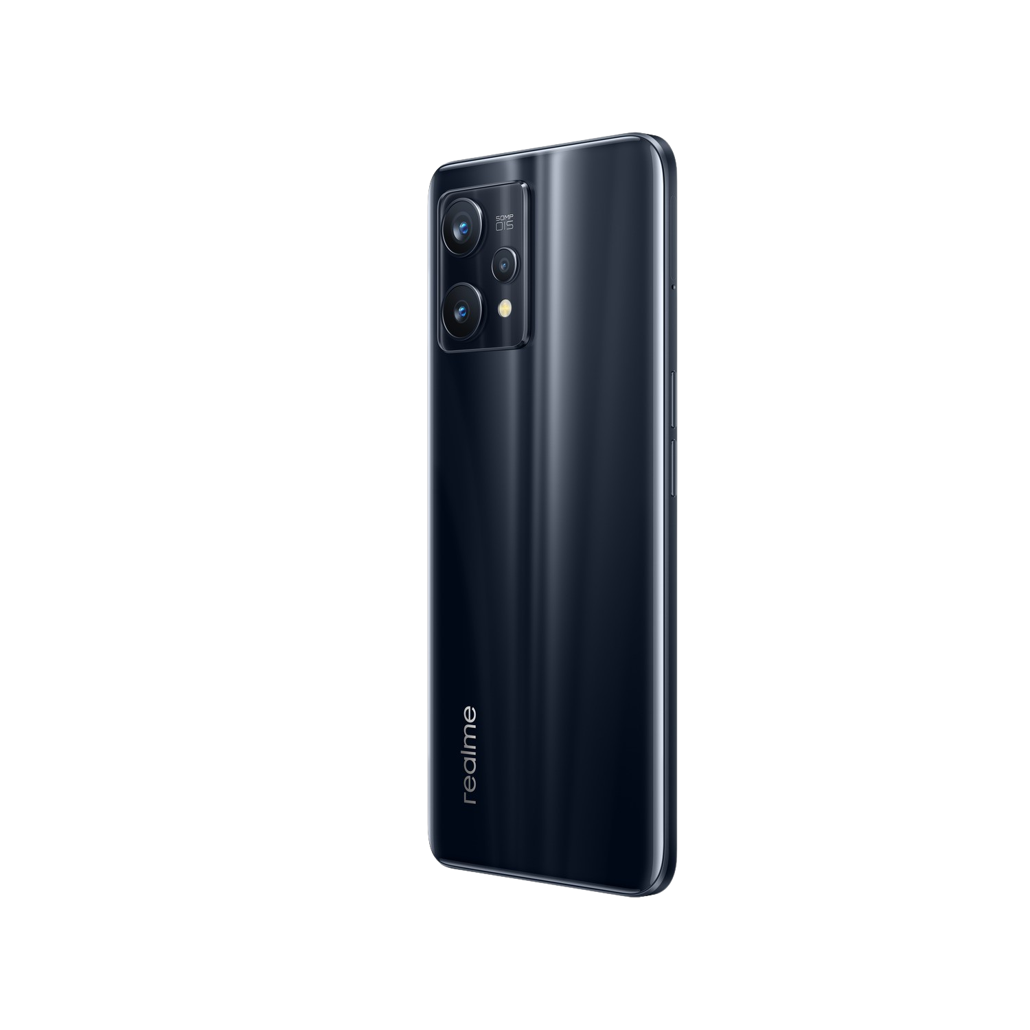 Teléfono negro con cámara de tres lentes en la parte trasera. Logotipo de Realme en la parte inferior.