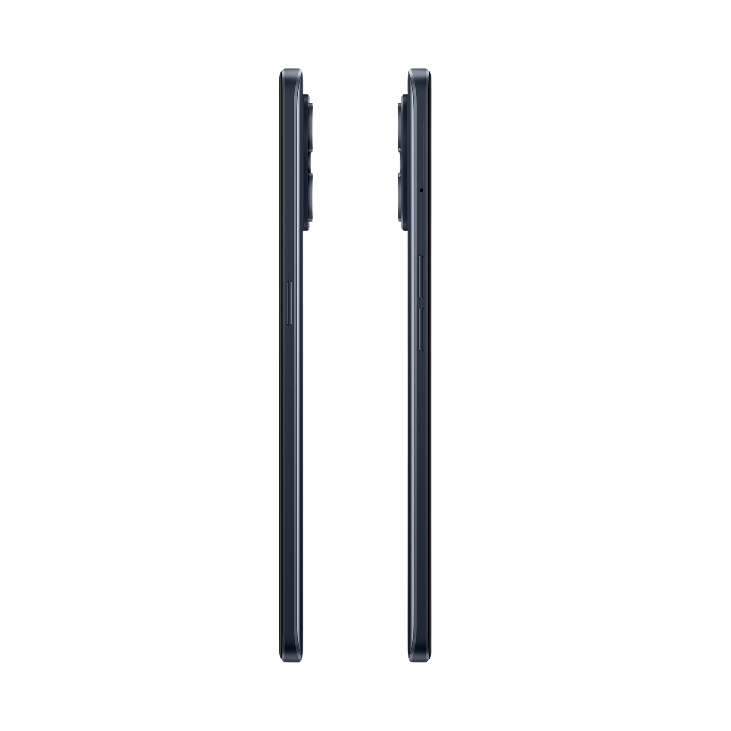 Dos teléfonos negros idénticos de pie uno al lado del otro sobre un fondo negro.