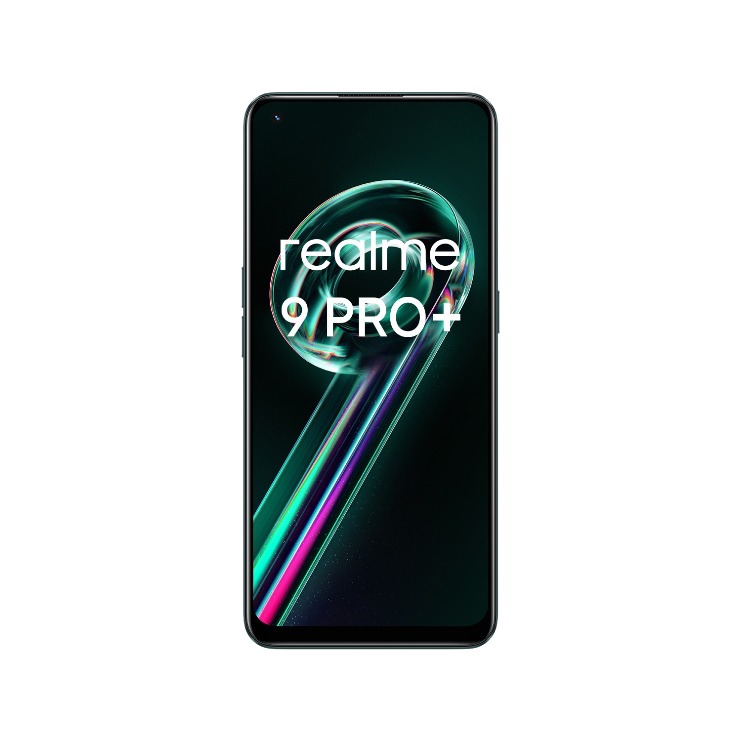 Pantalla de smartphone con las palabras 'realme 9 PRO+' sobre fondo negro.