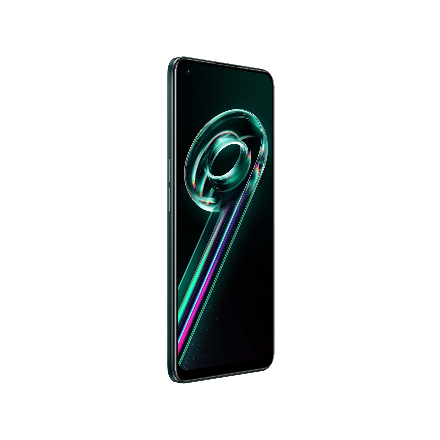 Un teléfono inteligente negro con una pantalla curva. La pantalla muestra un patrón abstracto y colorido.