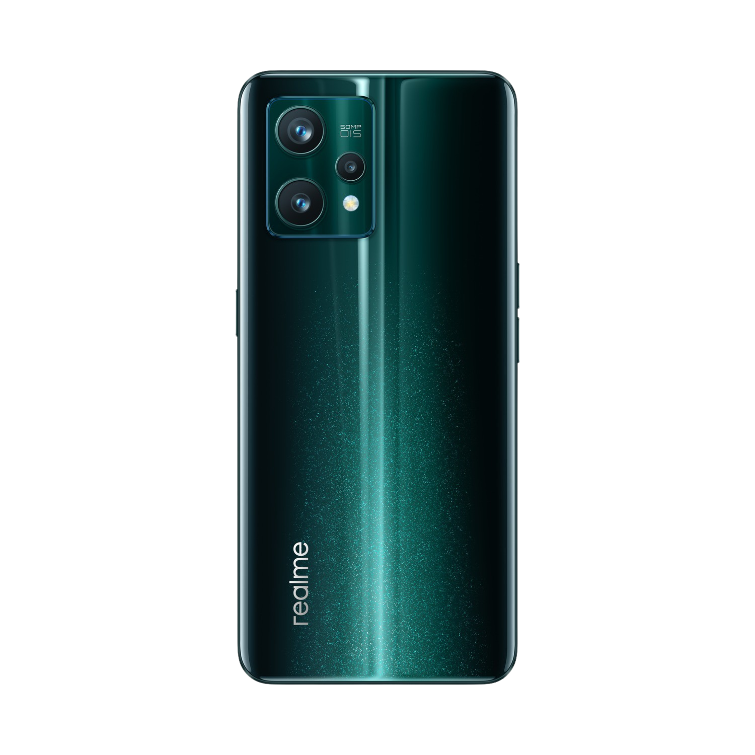 La parte trasera de un teléfono realme verde, con tres cámaras y el logotipo de realme en la parte inferior.