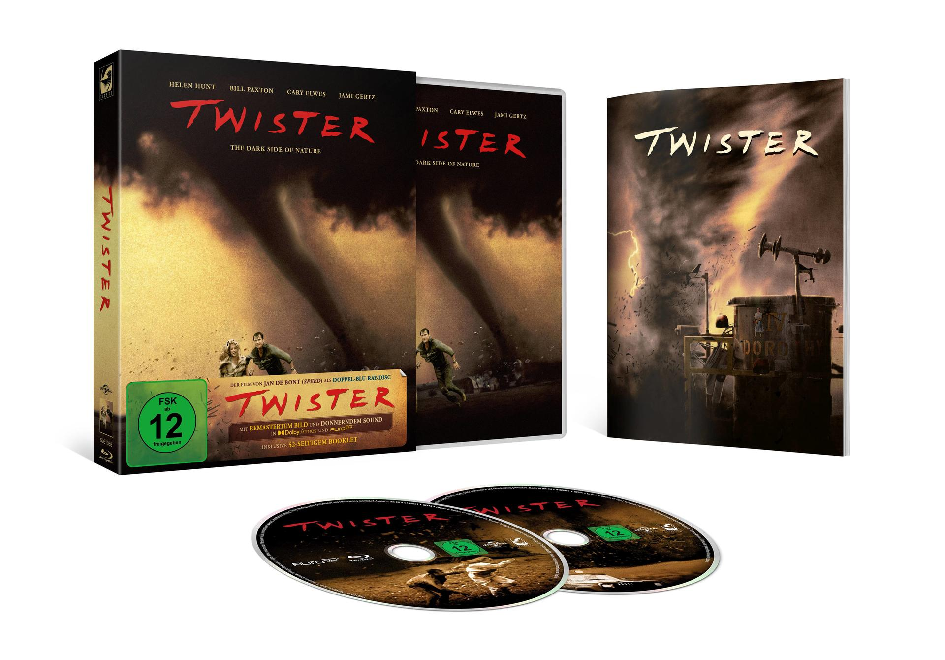 Twister-Filmset, Box, Disc-Hüllen und zwei Discs. Die Box zeigt einen Tornado.