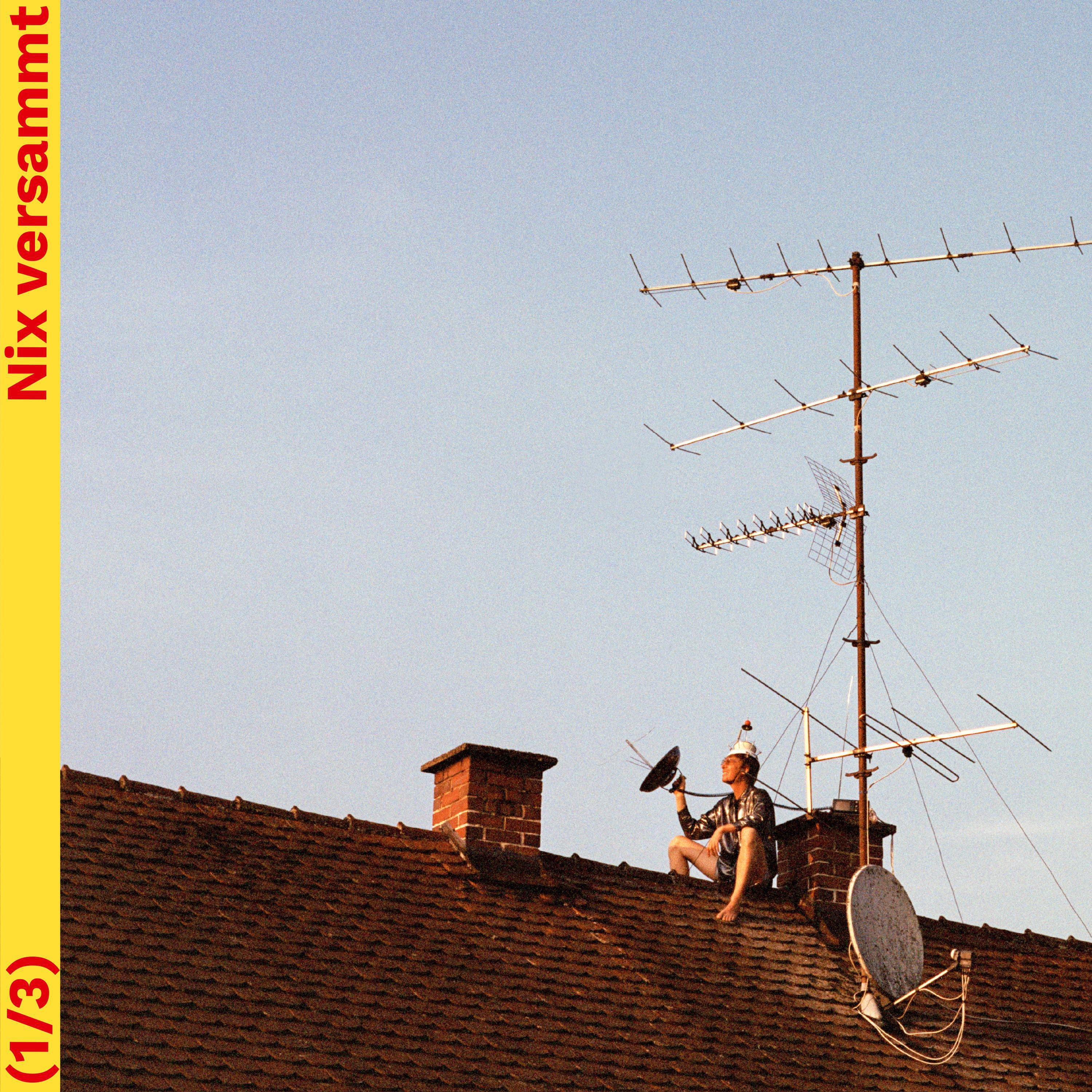 Person auf einem Dach mit Antenne. Text 'Nix versammt' und (1/3) an der Seite.