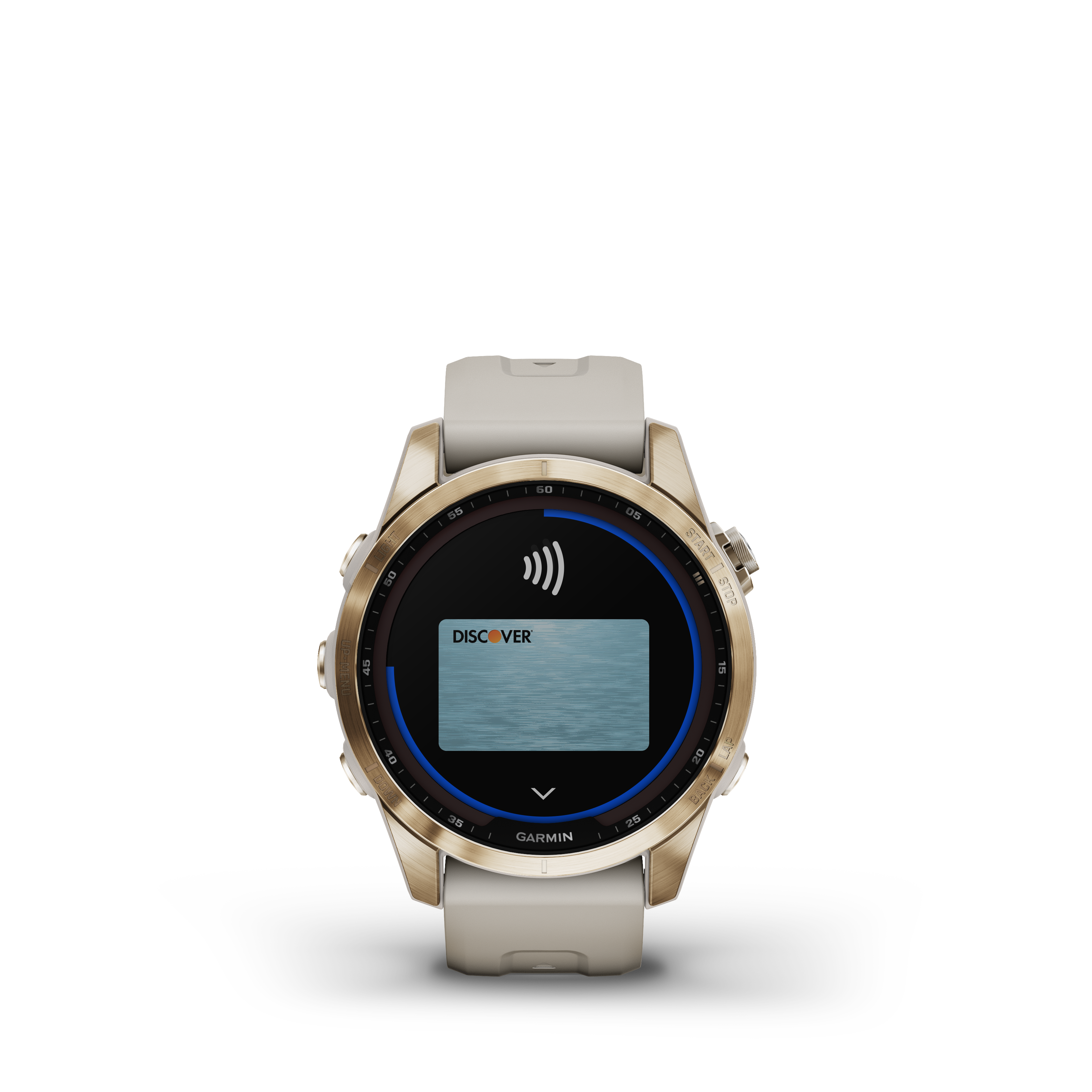 A Garmin okosóra Discover kártyát jelenít meg. Az óra arany színű, szürke szíjjal.