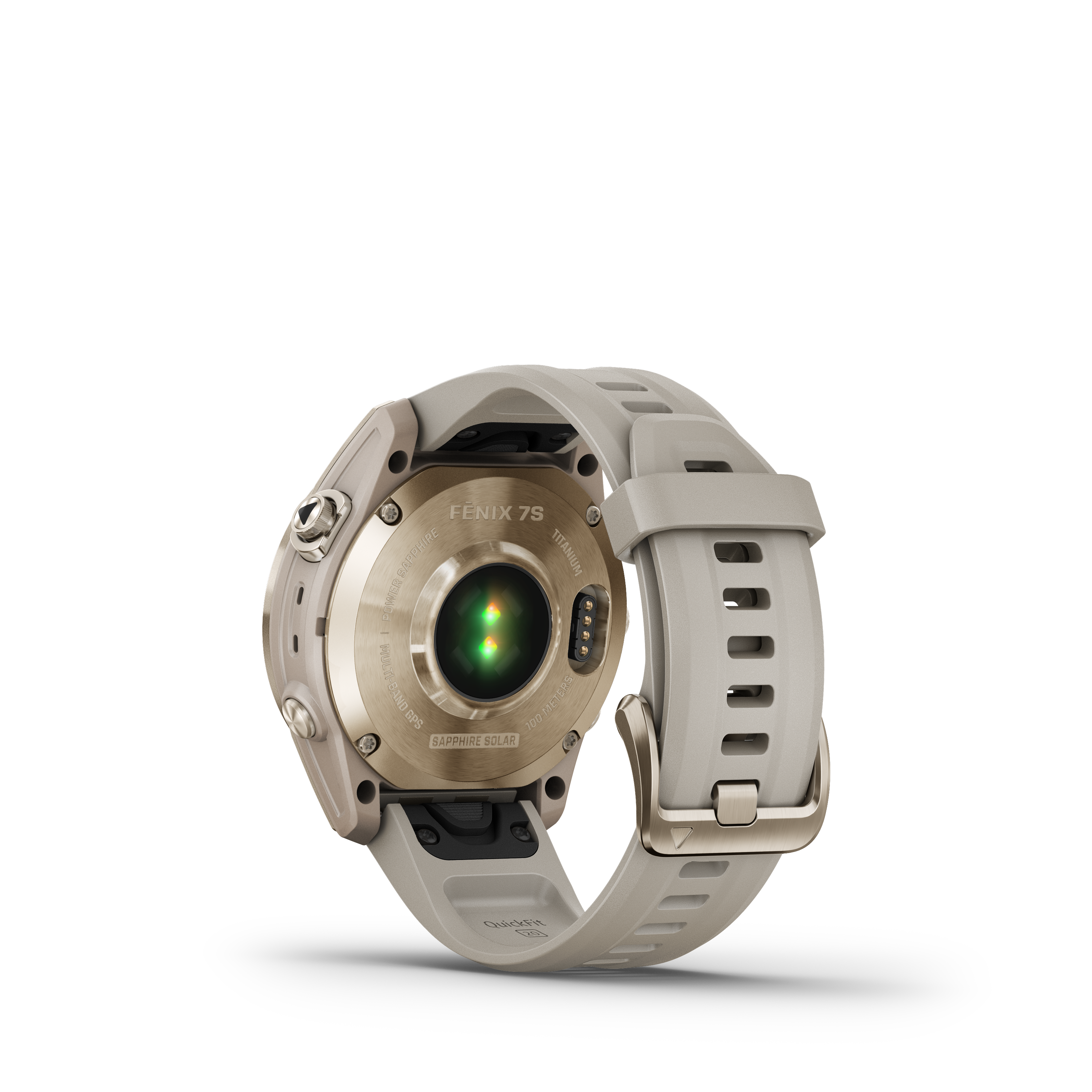 A Fenix 7S óra hátulnézete. Látható az óralap, a világosszürke szíj és a fémcsat.