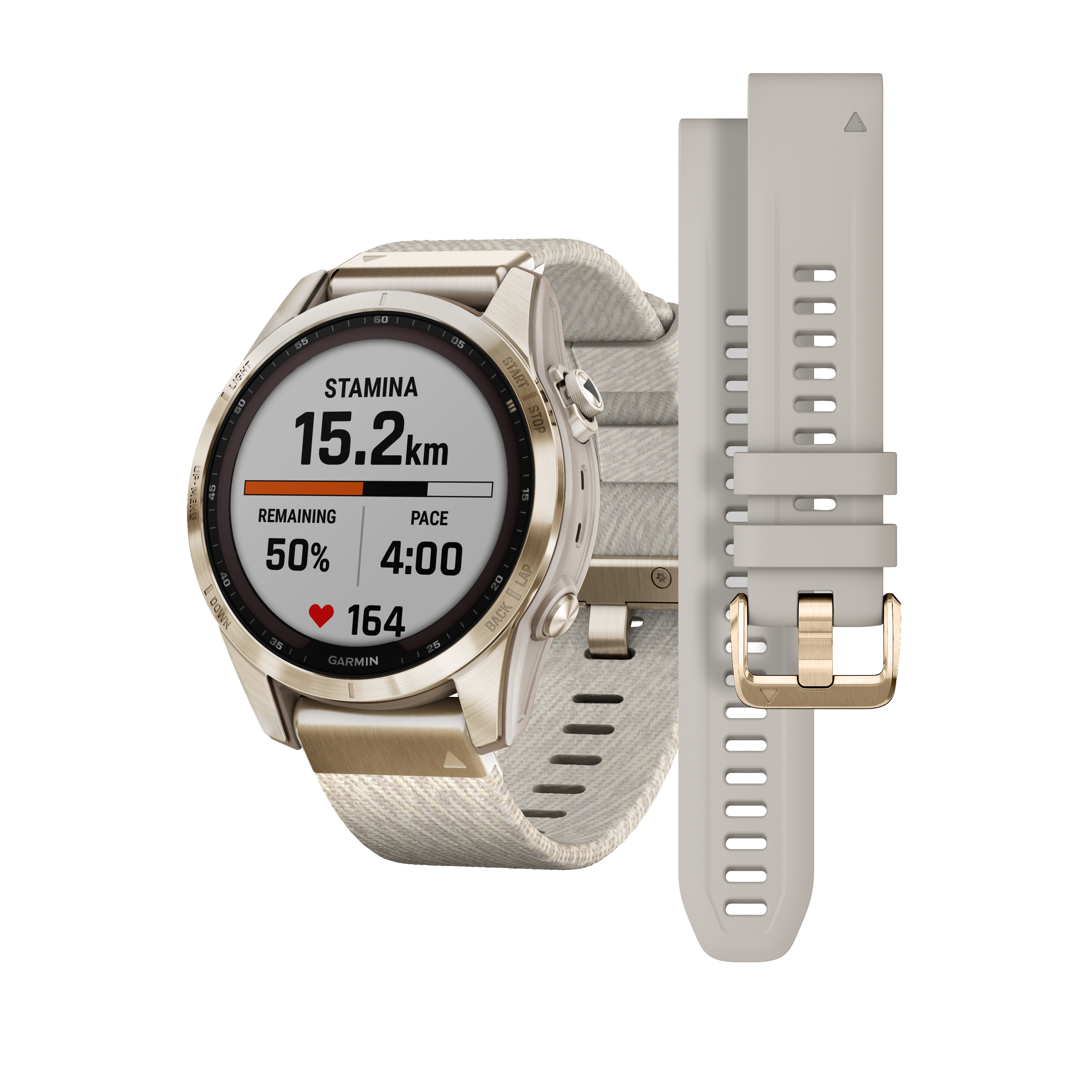 Egy Garmin okosóra fehér szíjjal. A képernyő futási adatokat jelenít meg. Egy pótszíj van mellette.