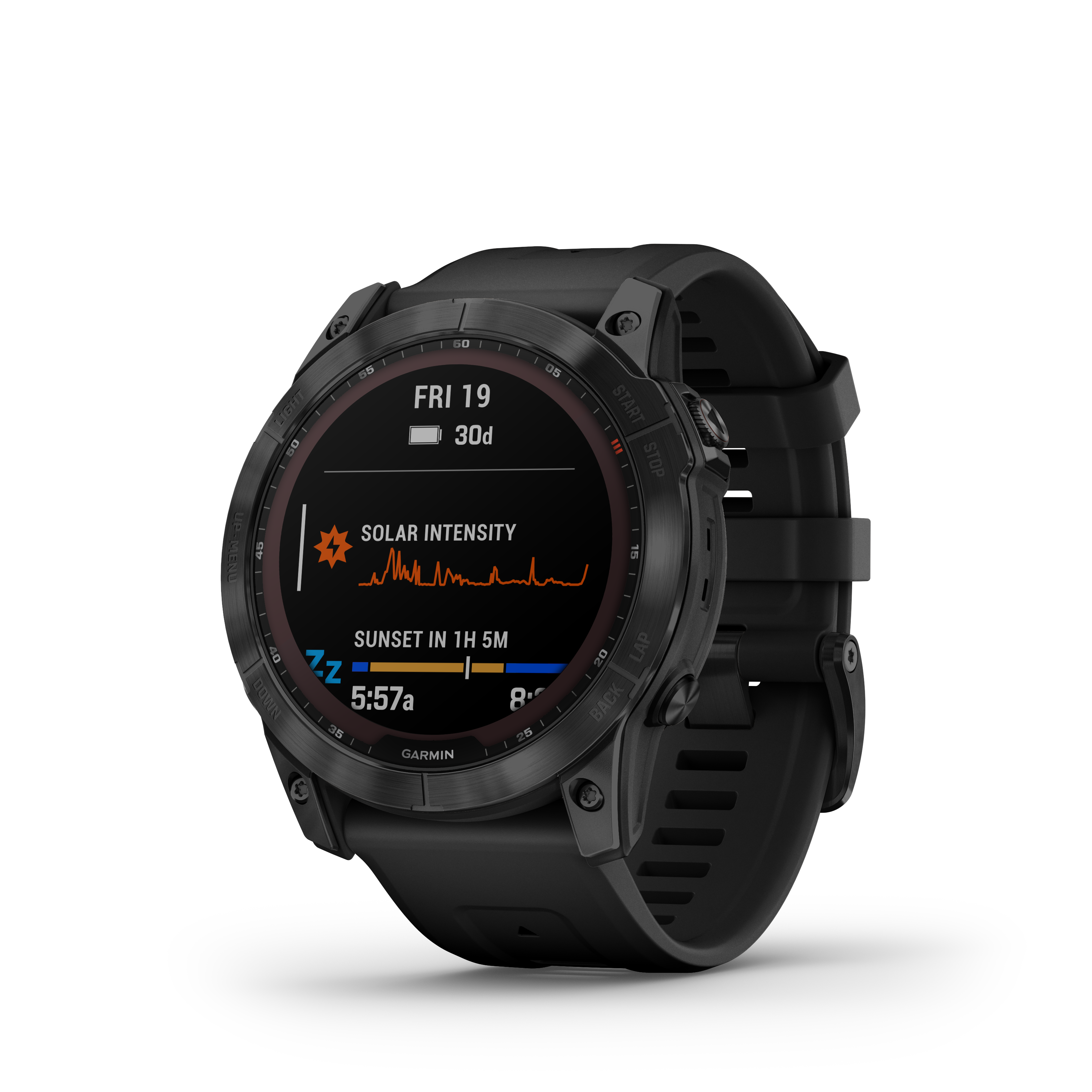 Fekete Garmin óra, adatokkal. Fekete szíj, oldalsó gombok.