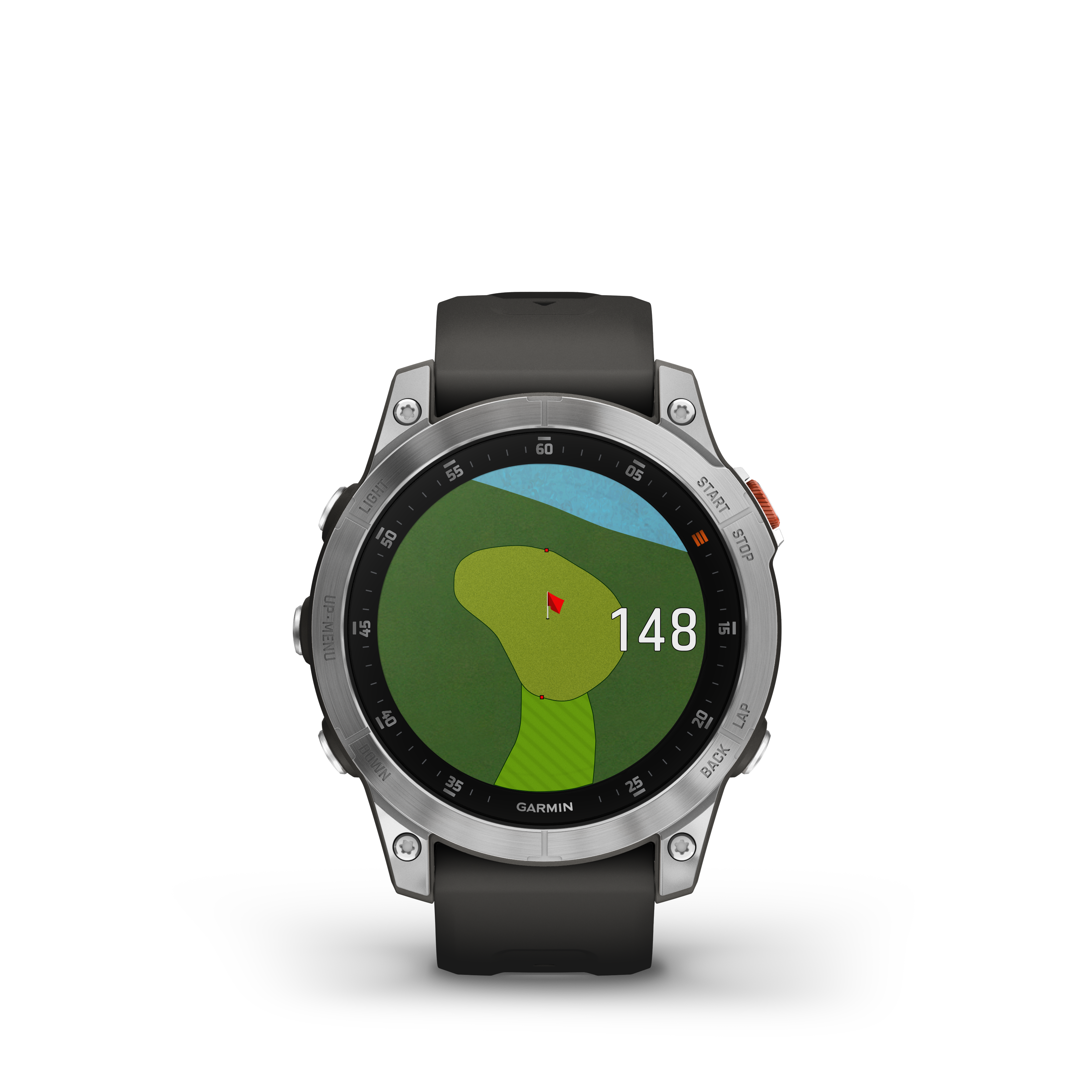 A Garmin golfóra zöld golfpálya elrendezést mutat piros zászlóval, 148 yarddal és egy kék vízterülettel.