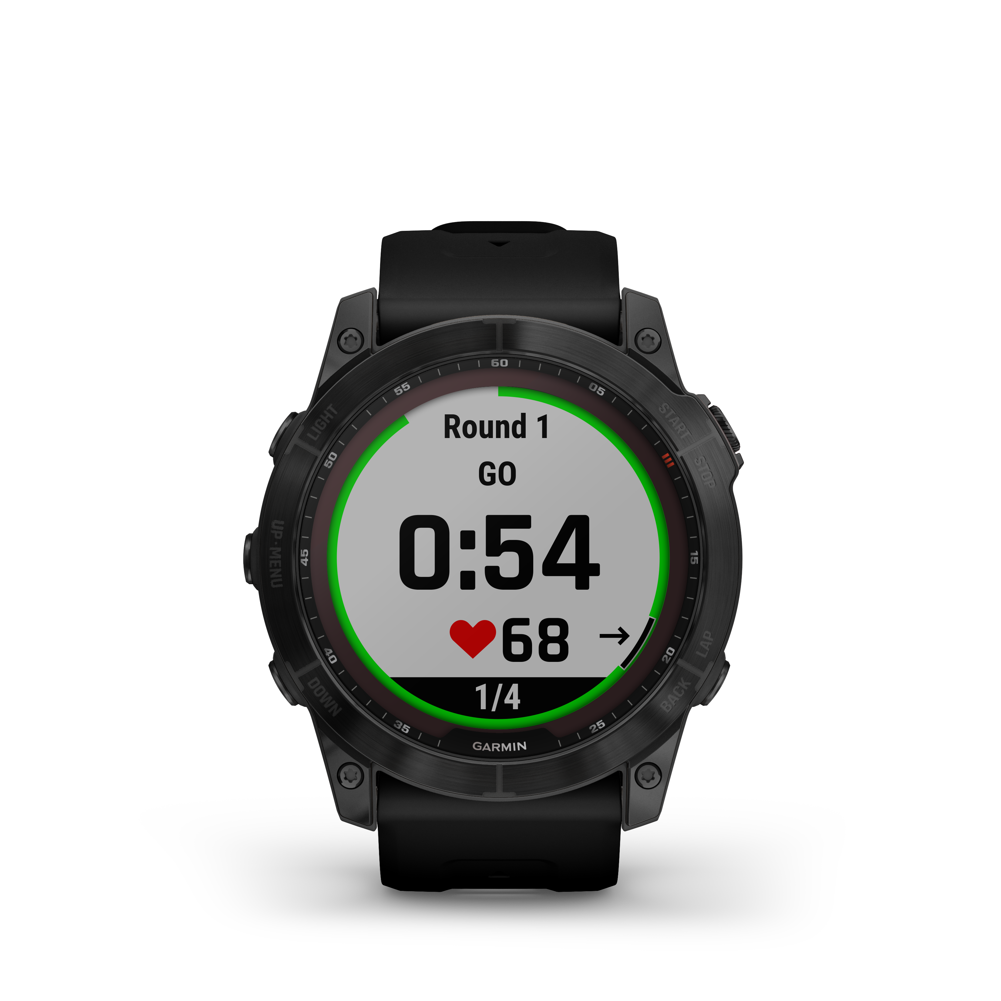 Fekete Garmin óra edzésmutatókkal. Fekete háttér.