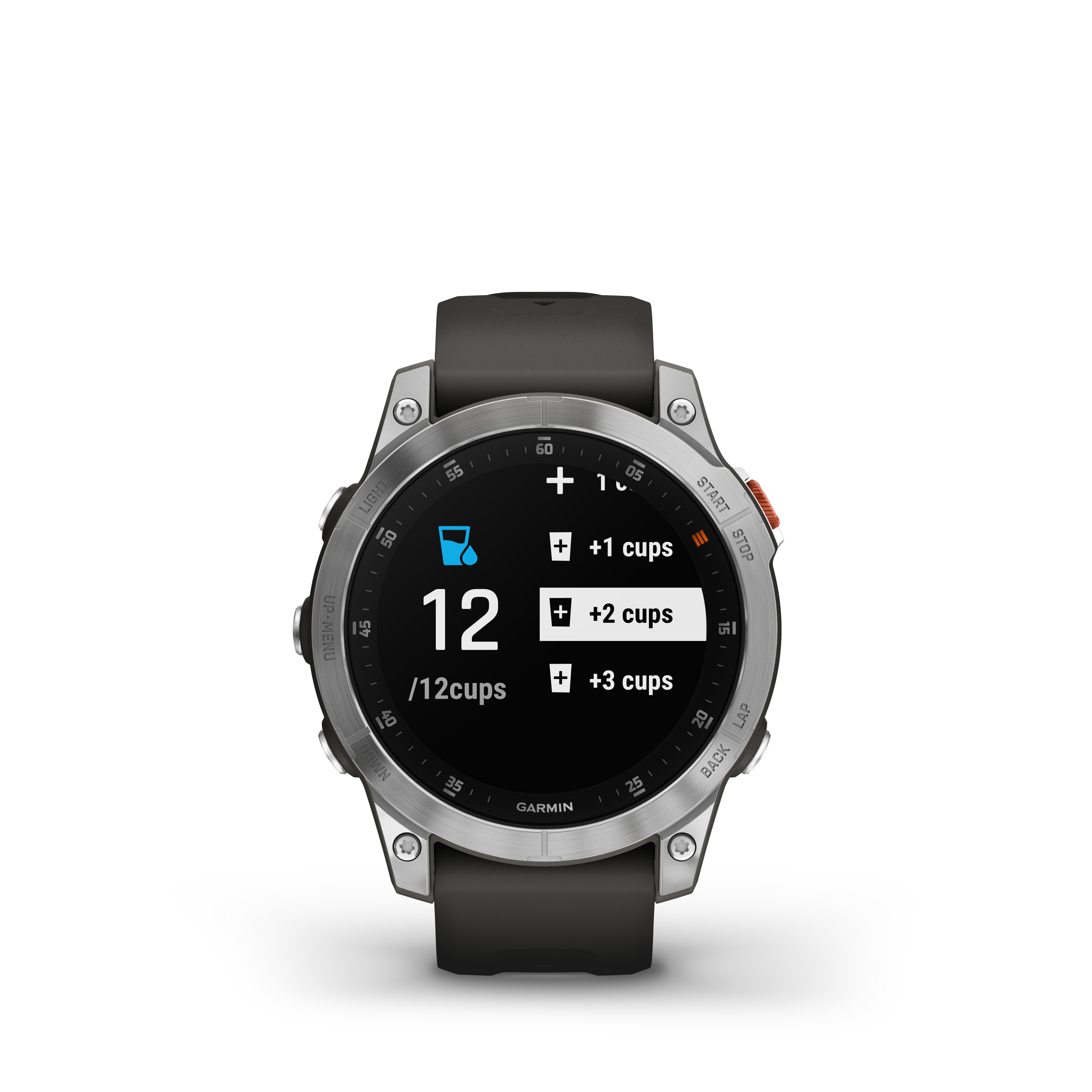 A Garmin óra egy hidratáltság-követőt jelenít meg. Az óra 12 elfogyasztott csészét mutat 12-ből.
