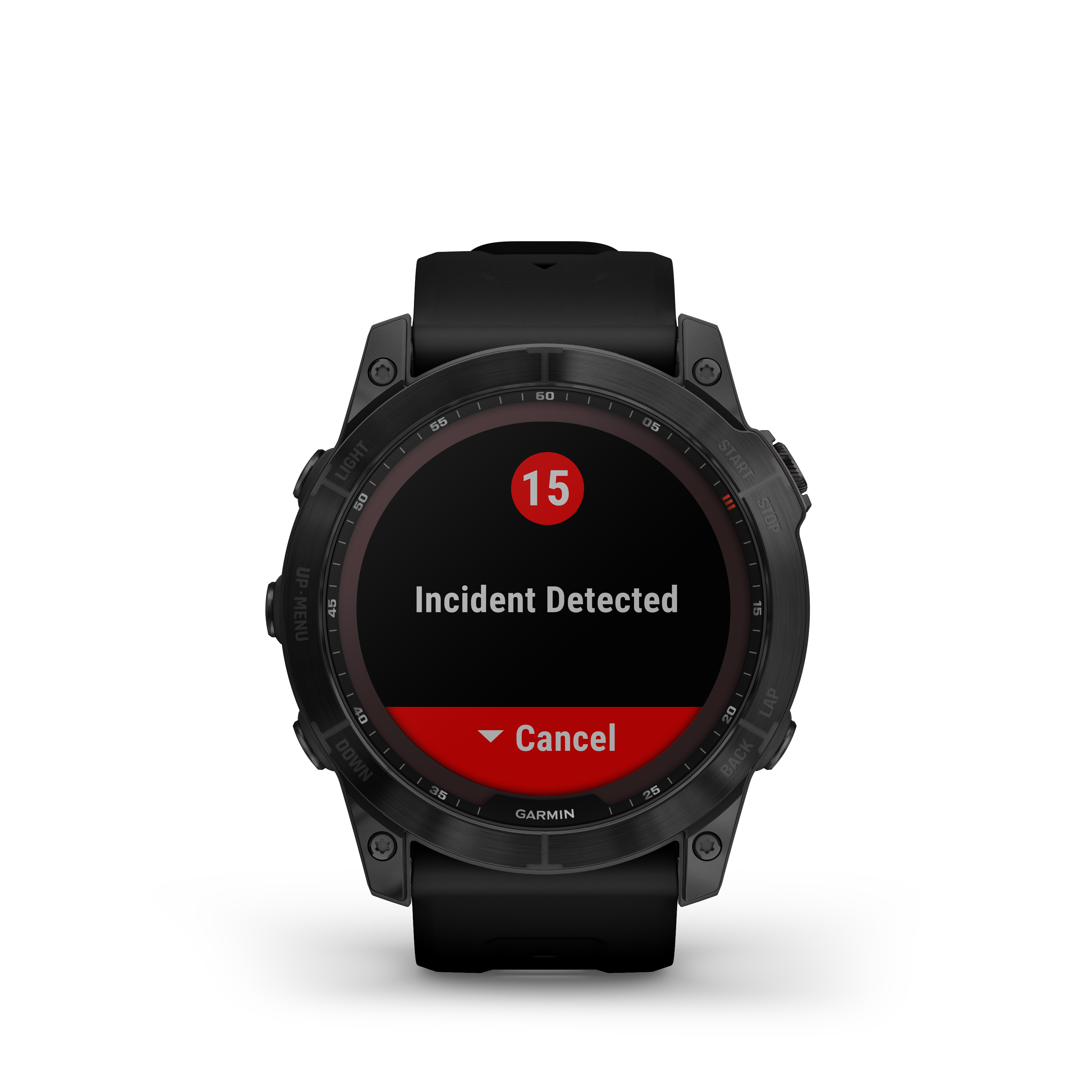 Fekete Garmin okosóra, 'Esemény észlelve' felirattal a képernyőn, piros riasztás, fekete háttér.