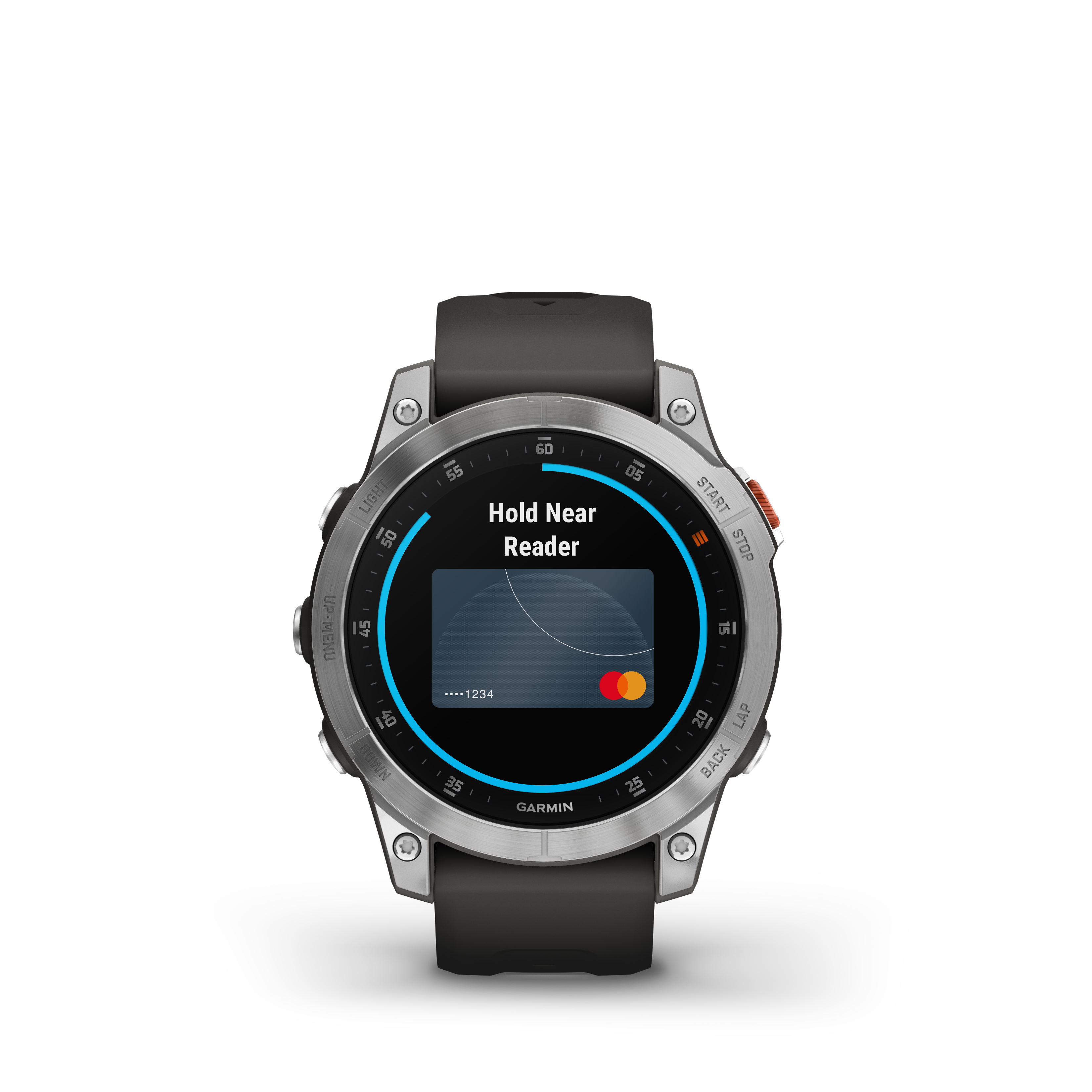 Egy Garmin okosóra hitelkártyát jelenít meg, azzal az utasítással, hogy tartsa az olvasóhoz.