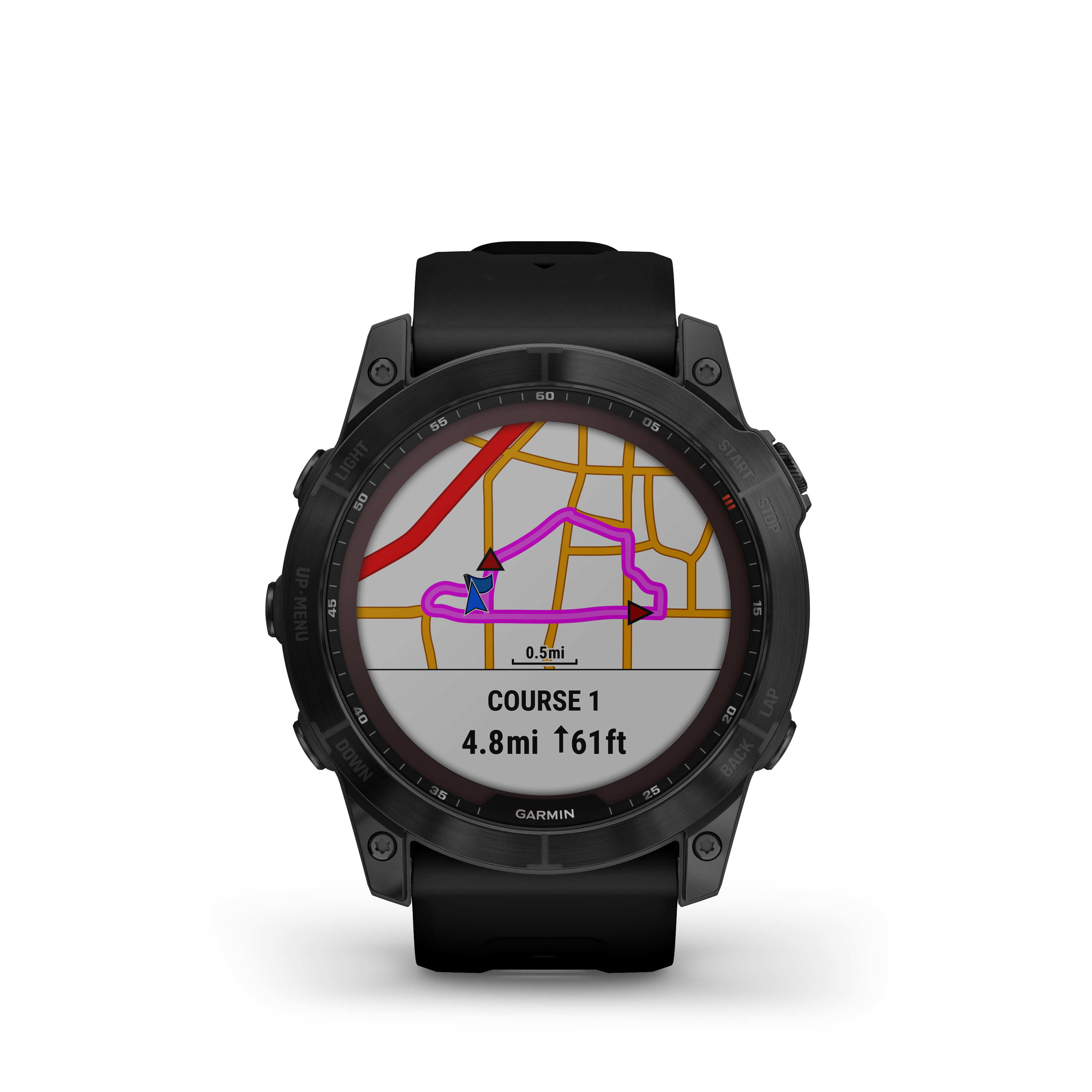 Egy fekete Garmin óra, amely egy térképet jelenít meg, rózsaszínnel kiemelt útvonallal. Az órán gombok vannak.