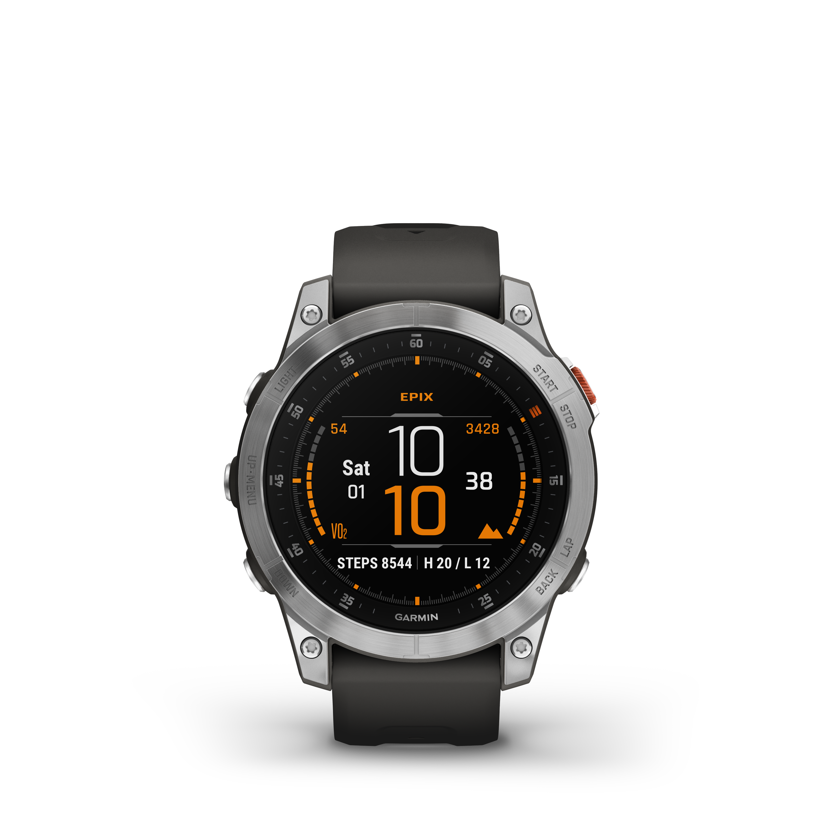 Egy Garmin Epix okosóra fekete háttérrel. Az óra időt, dátumot, lépéseket és egyéb adatokat jelenít meg.