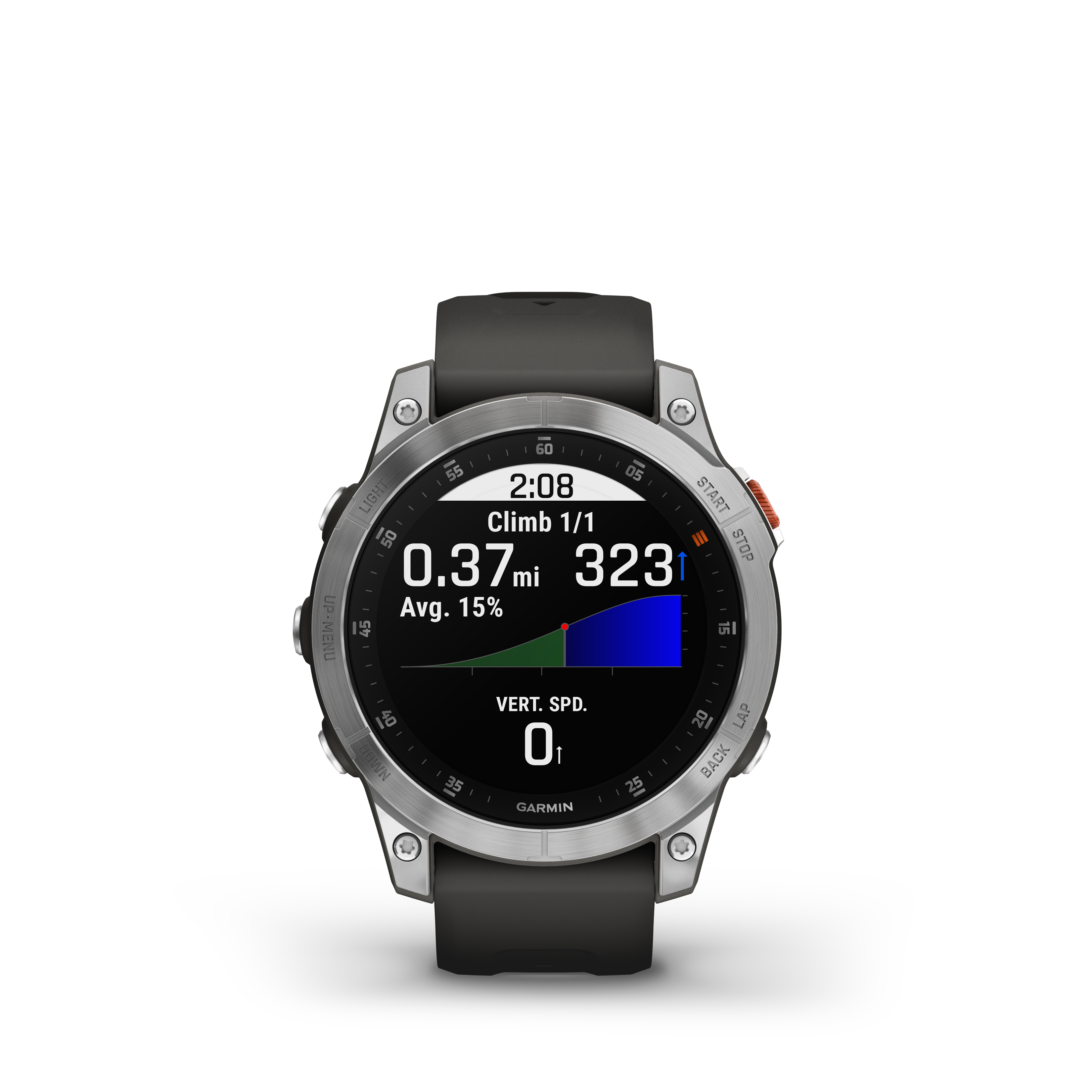 Egy Garmin óra mászási statisztikákat jelenít meg: idő, távolság és magasság. A képernyő egy grafikont és adatokat mutat fekete háttéren.