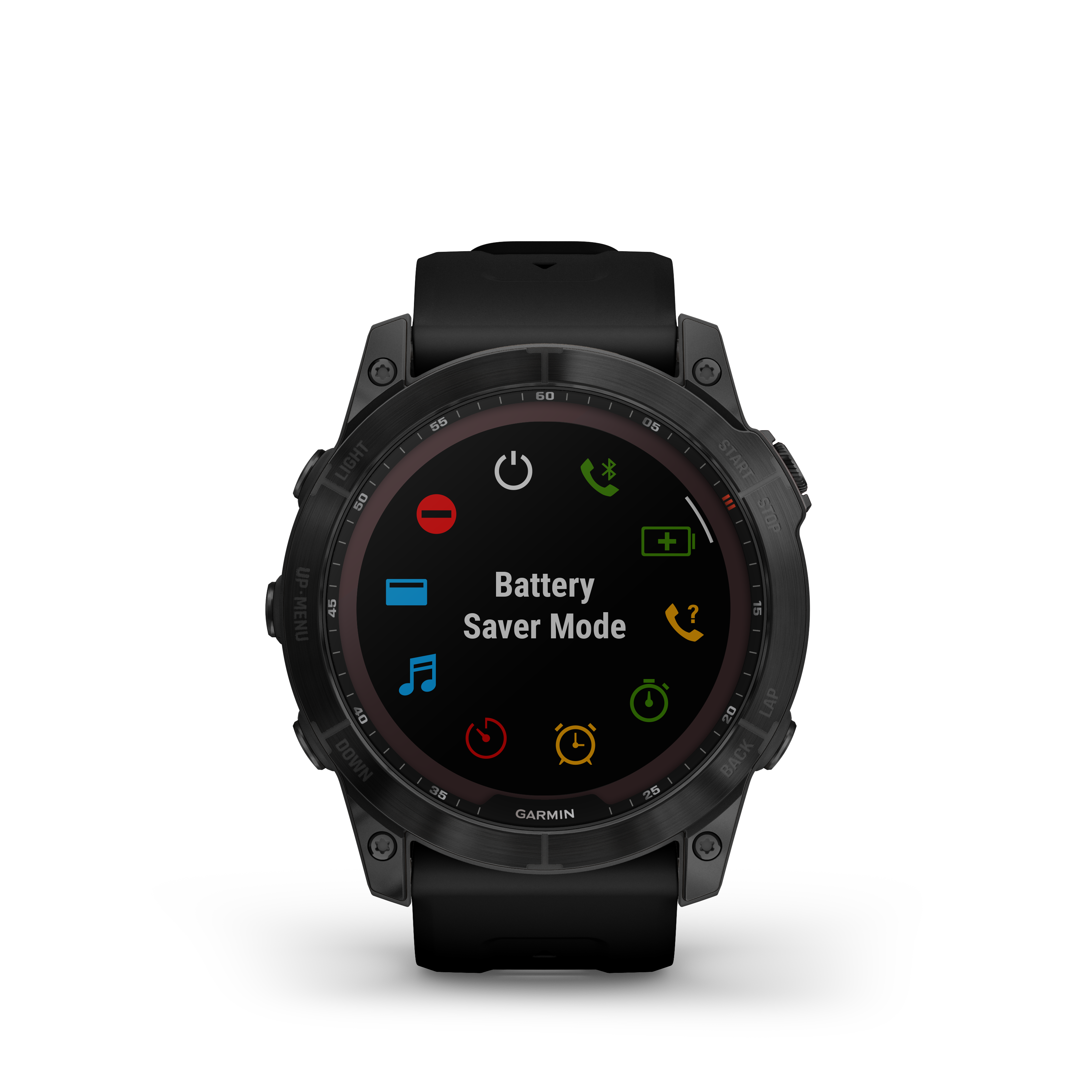 Fekete Garmin okosóra, mely az 'Akkumulátorkímélő mód' üzemmódot mutatja.