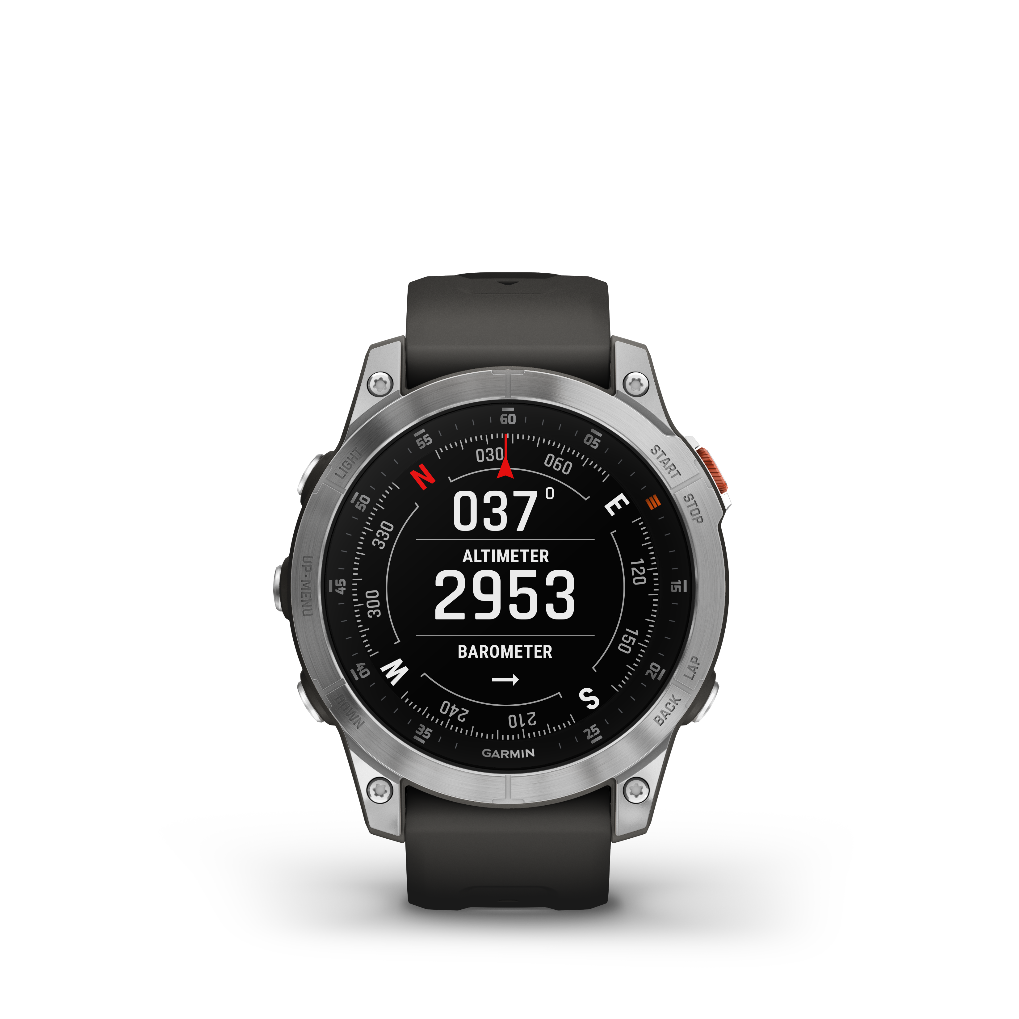 Egy ezüst-fekete Garmin óra magassági és iránytű információkat jelenít meg fekete háttér előtt.