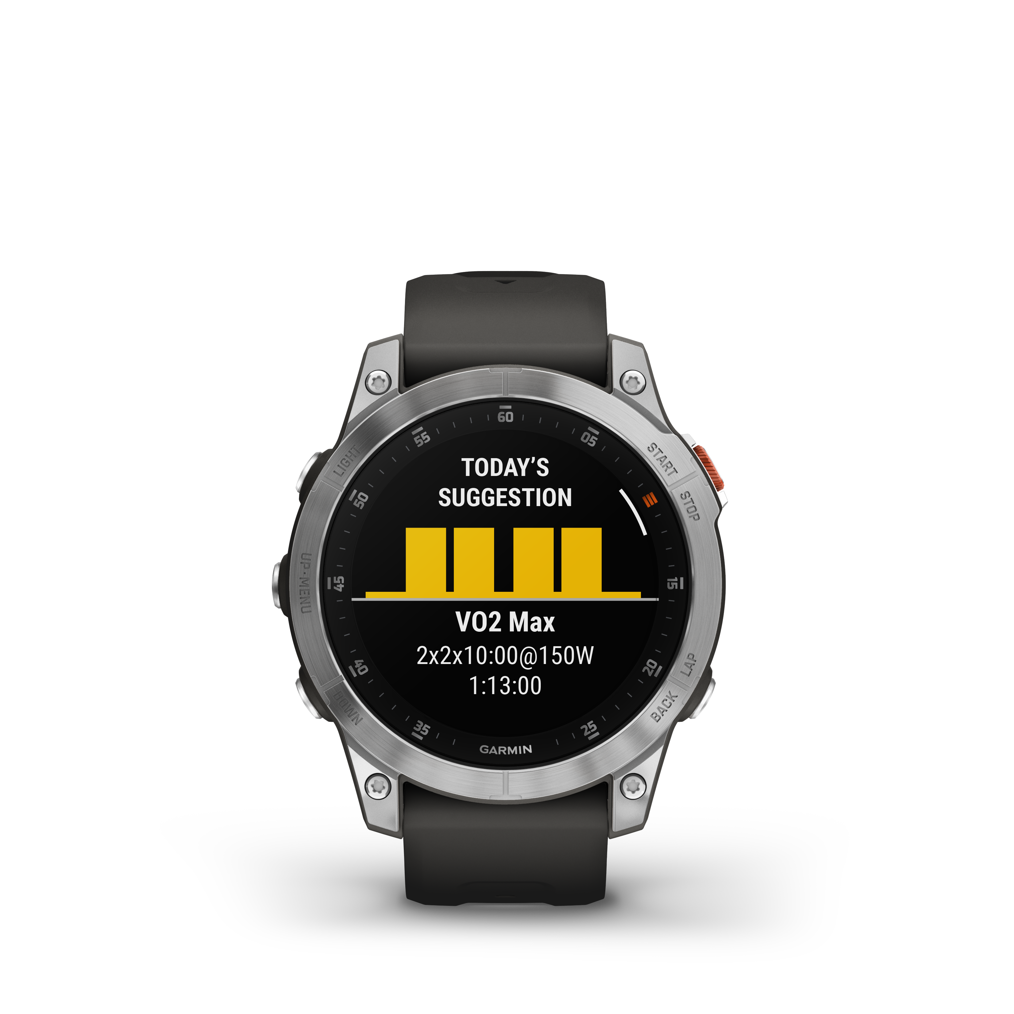 Egy Garmin óra a 'Today's Suggestion'-t jeleníti meg VO2 Max adatokkal és edzés részletekkel fekete háttéren.
