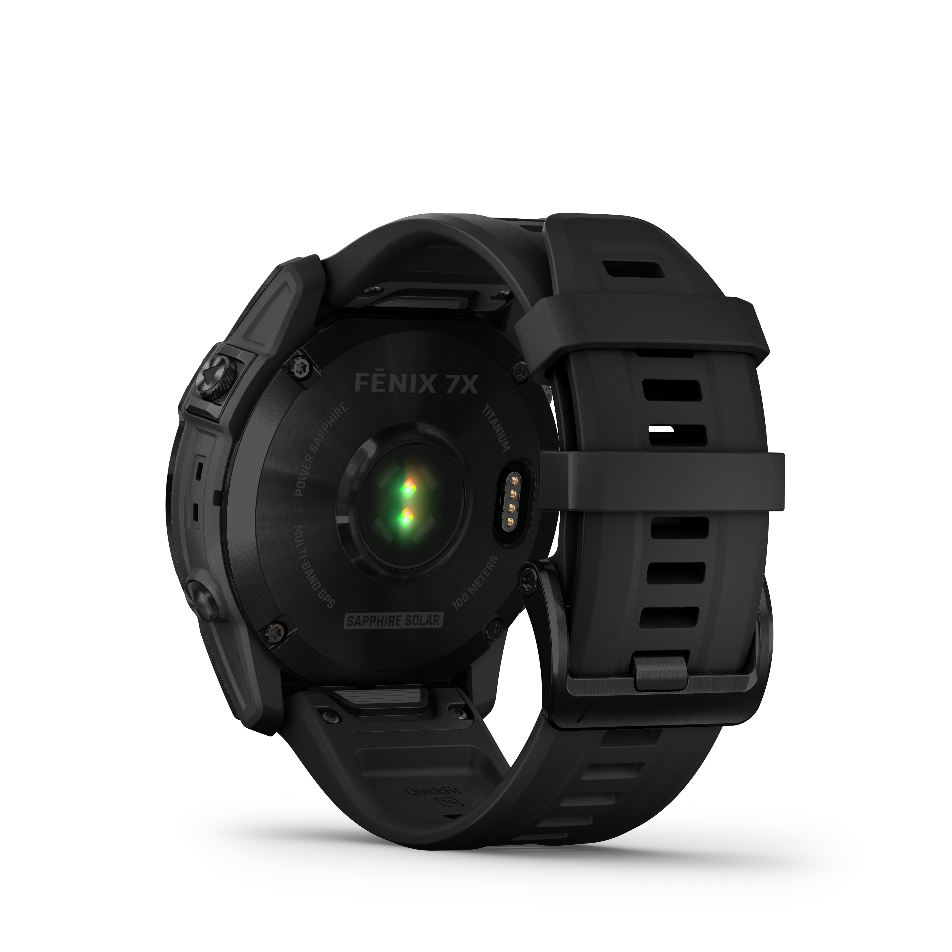 Fekete Garmin Fenix 7X okosóra, hátulnézet, érzékelőkkel és óraszíj részletekkel.