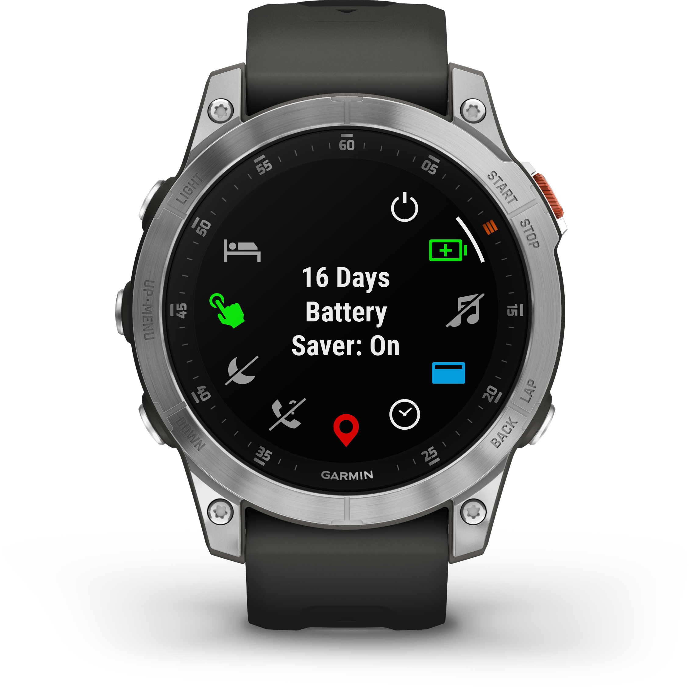 Egy Garmin okosóra 16 napos akkumulátor-üzemidőt jelenít meg energiatakarékos módban. Az óra ezüst előlappal és fekete szíjjal rendelkezik.
