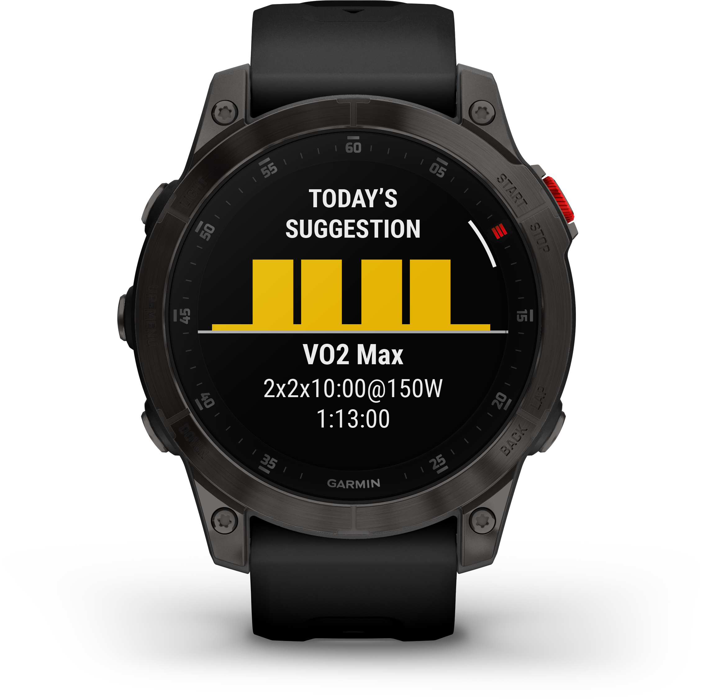 Egy fekete Garmin okosóra a 'Today's Suggestion'-t mutatja VO2 Max adatokkal, edzés részletekkel és egy sárga teljesítmény grafikonnal.