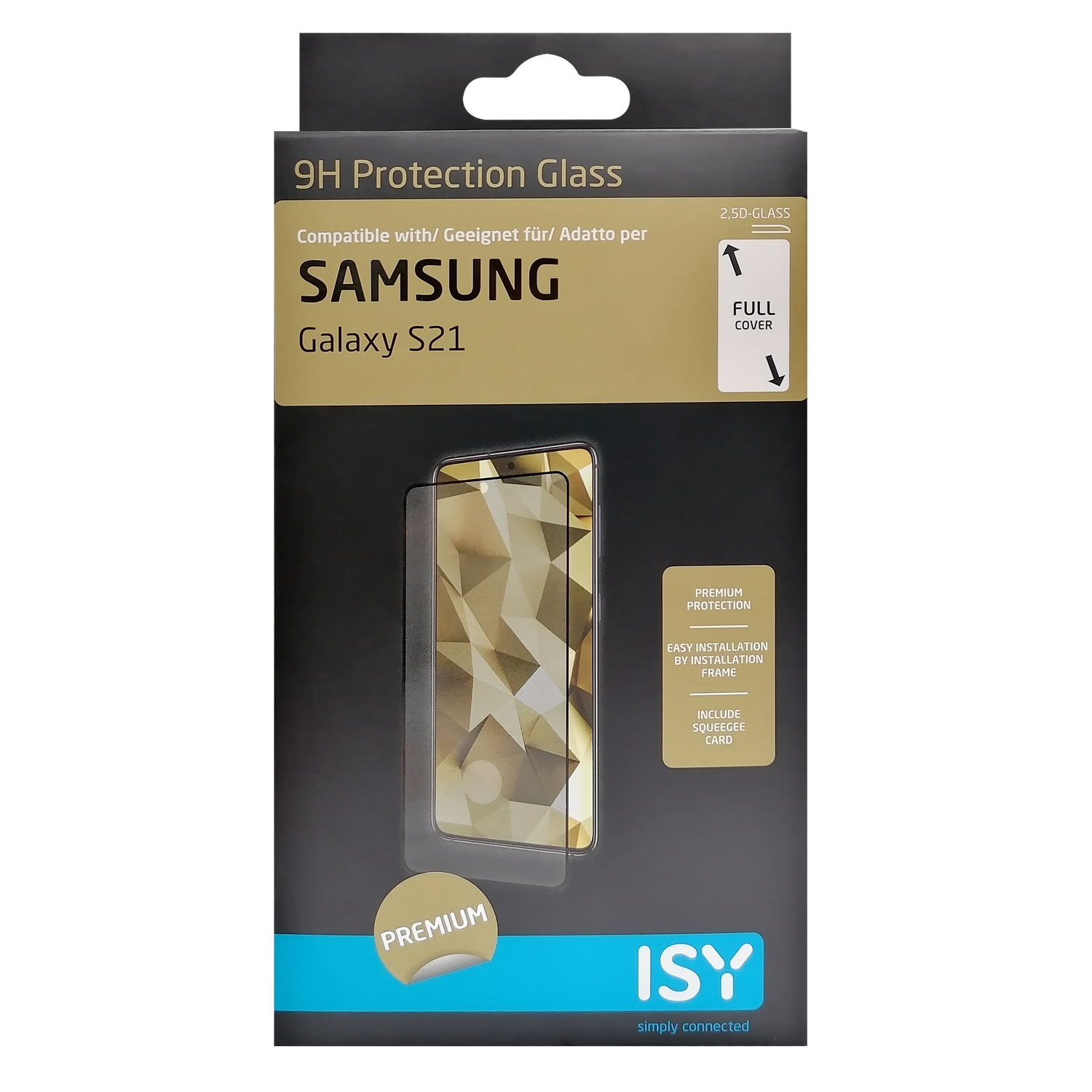 Una caja negra con un protector de pantalla Samsung Galaxy S21 y el logotipo de ISY.