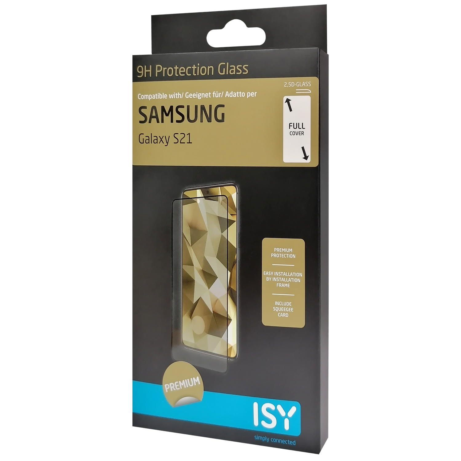 Caja de cristal protector ISY 9H para Samsung Galaxy S21, con imagen de teléfono.