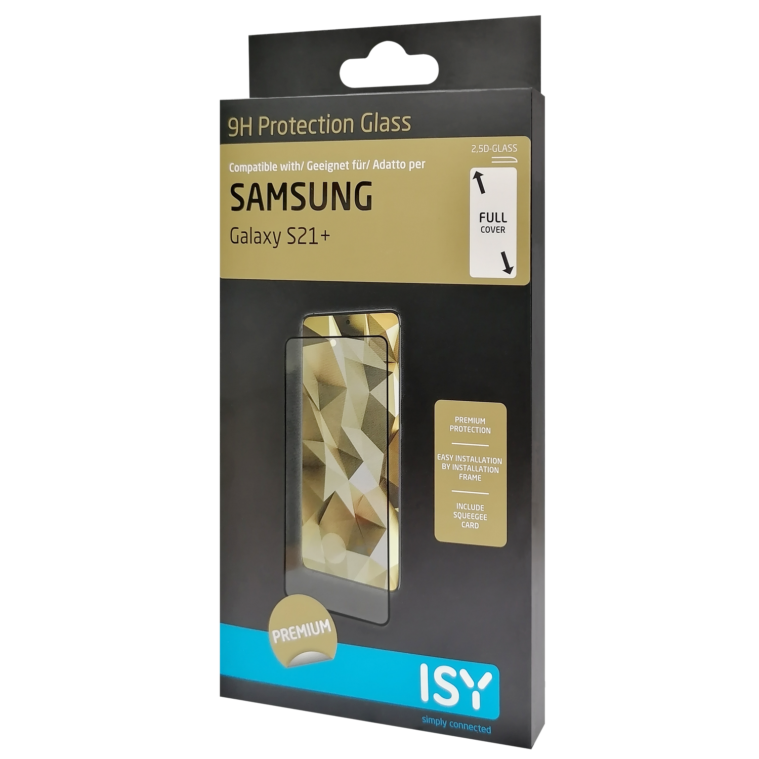 Embalaje de protector de pantalla de teléfono. Muestra la pantalla de un teléfono, una caja negra con texto blanco y el logotipo 'ISY'.