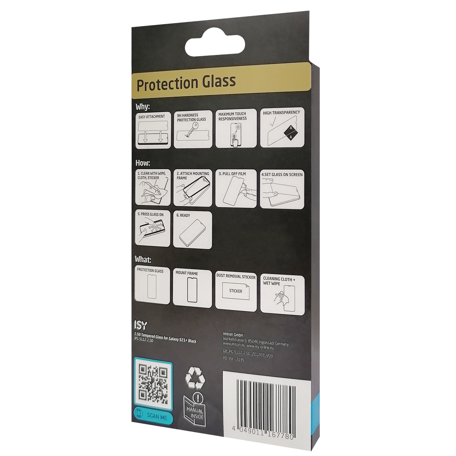 Parte trasera de un empaque de producto. Texto y diagramas describen cómo aplicar un protector de pantalla.