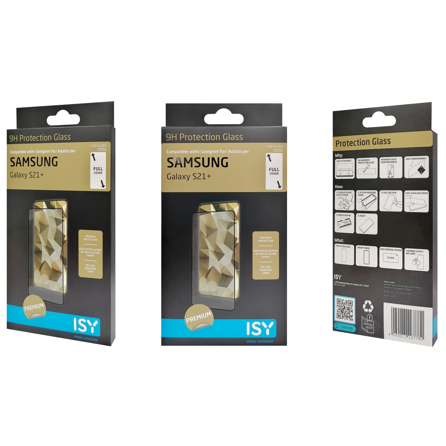 Embalaje para protectores de pantalla, con tres cajas con información del producto y la marca.