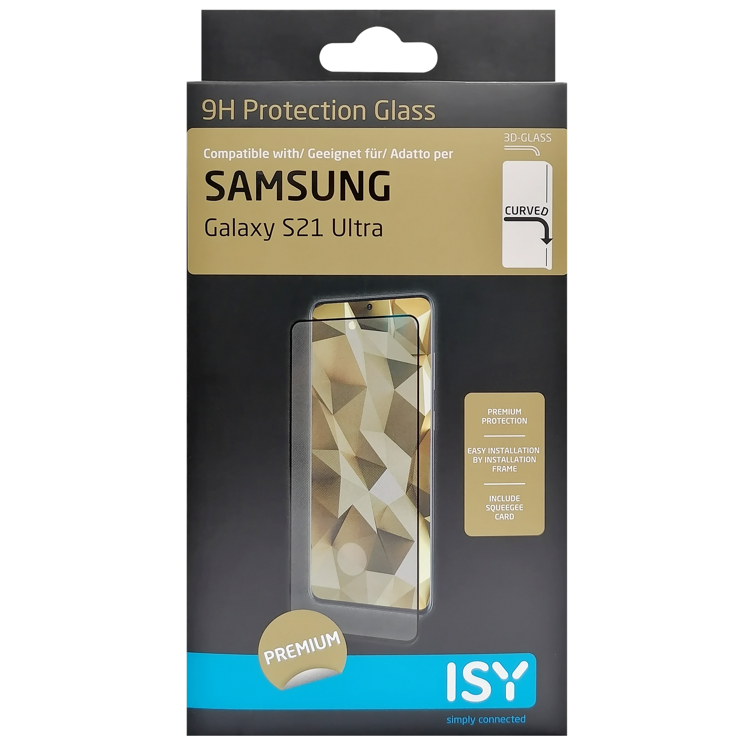 Una caja de protector de pantalla de teléfono con una imagen y texto del teléfono Samsung.