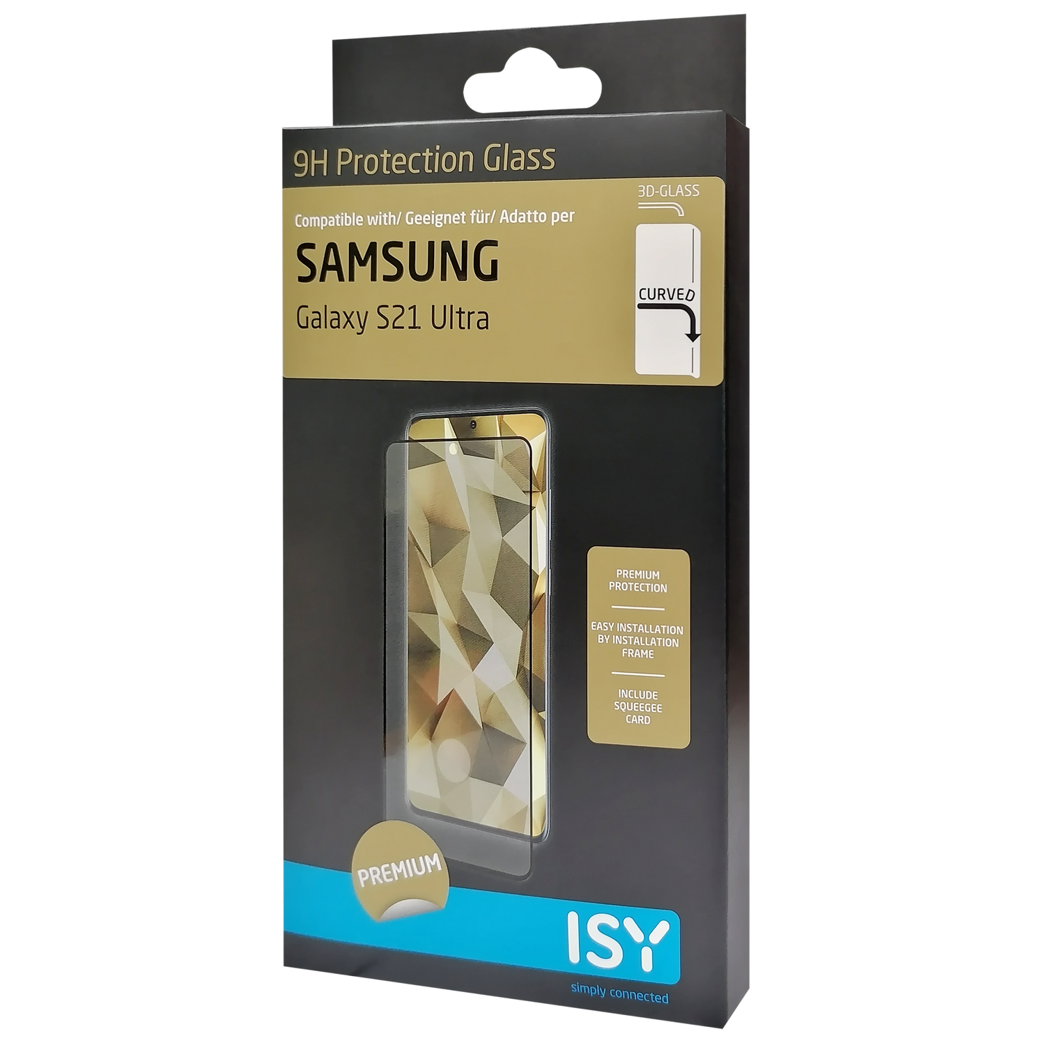Embalaje de cristal protector de pantalla para un Samsung Galaxy S21 Ultra, con pantalla dorada.