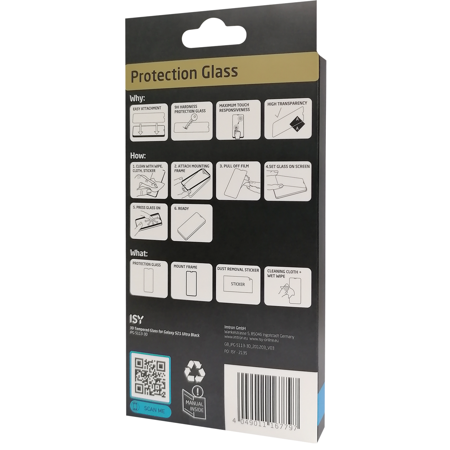 Embalaje de un protector de pantalla con instrucciones.